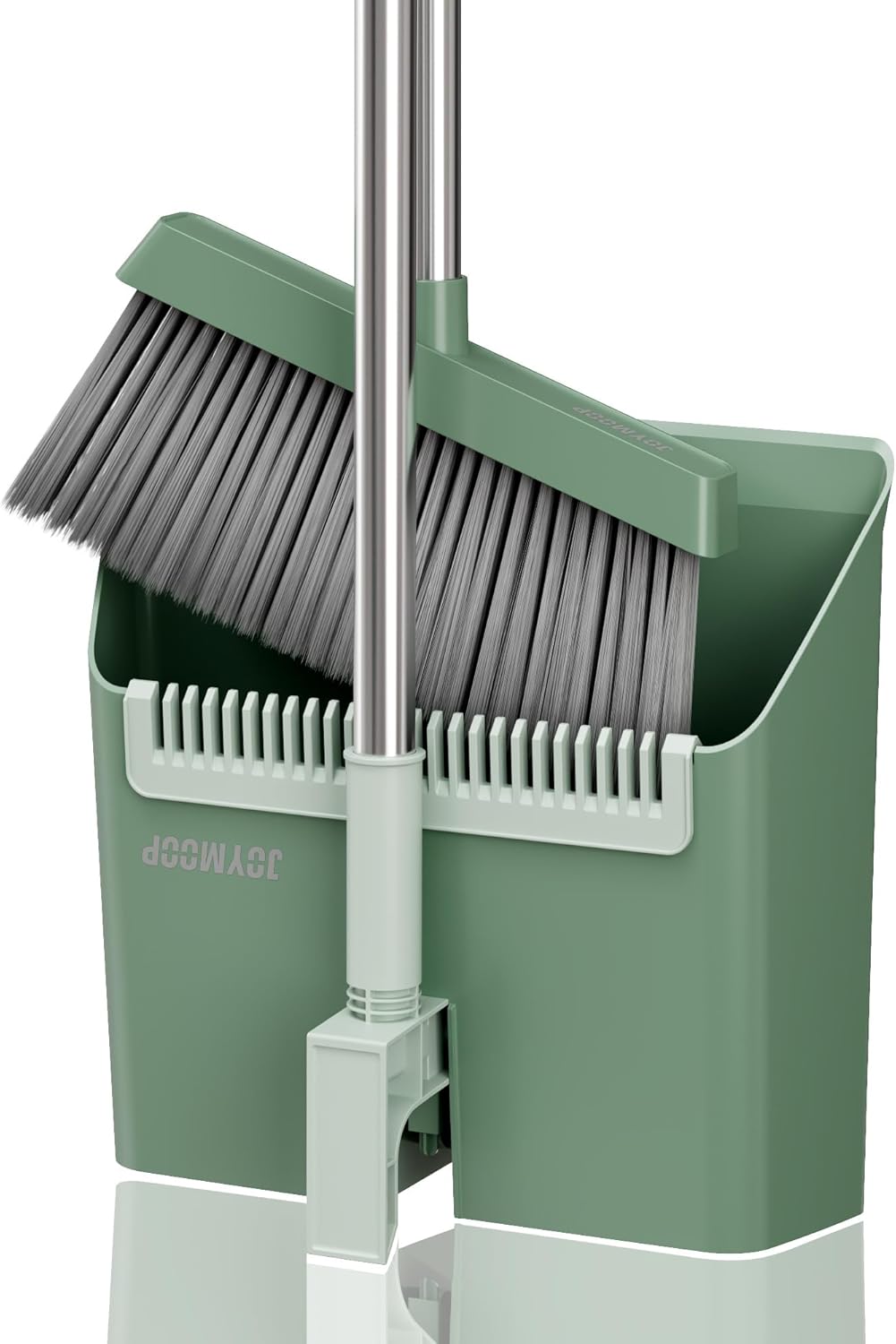 JOYMOOP Dark Teal Green Broom and Dustpan Set, Upright Angle with Built-in Comb Teeth, Ideal for