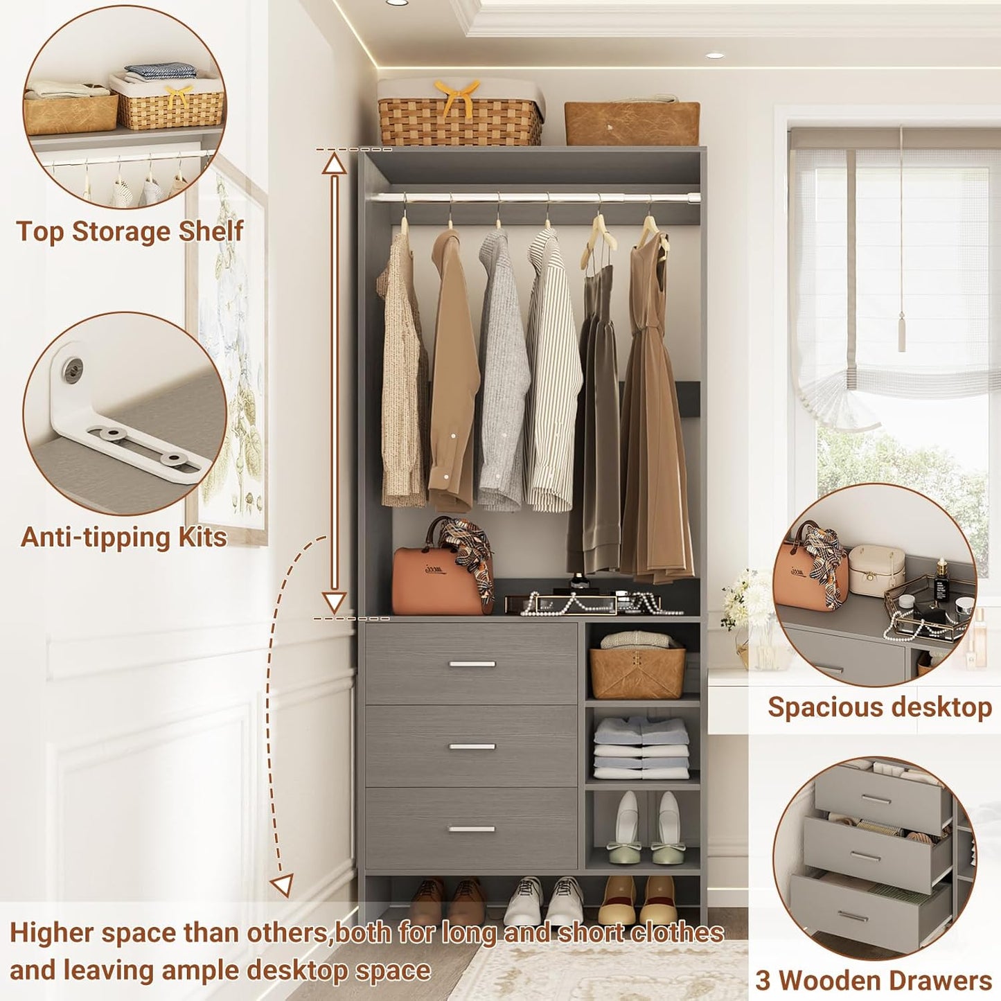Aheaplus 2.5FT Closet System with 3 Drawers, 29.5’’ Closet Organizer, Wood Closet Organizer System