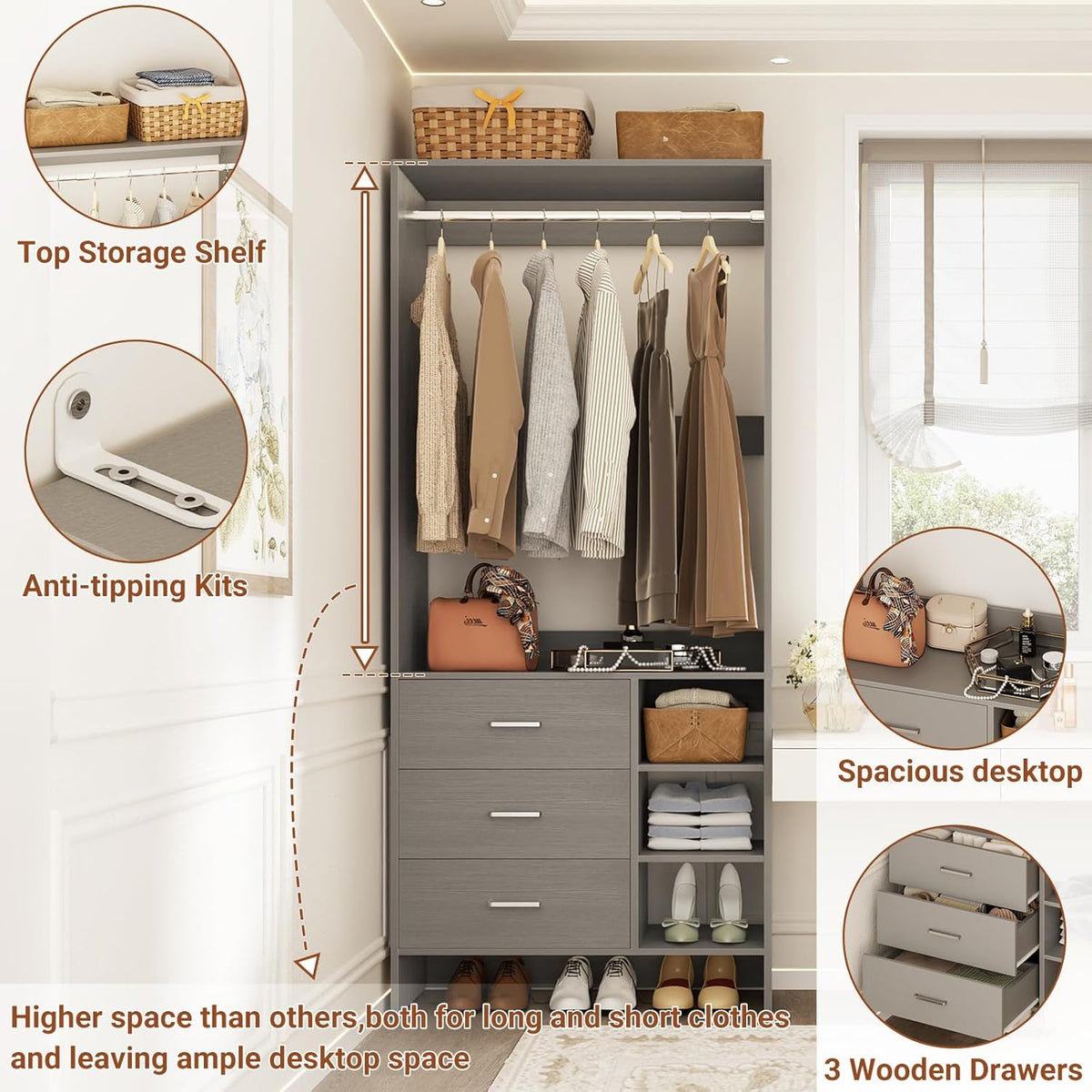 Aheaplus 2.5FT Closet System with 3 Drawers, 29.5’’ Closet Organizer, Wood Closet Organizer System