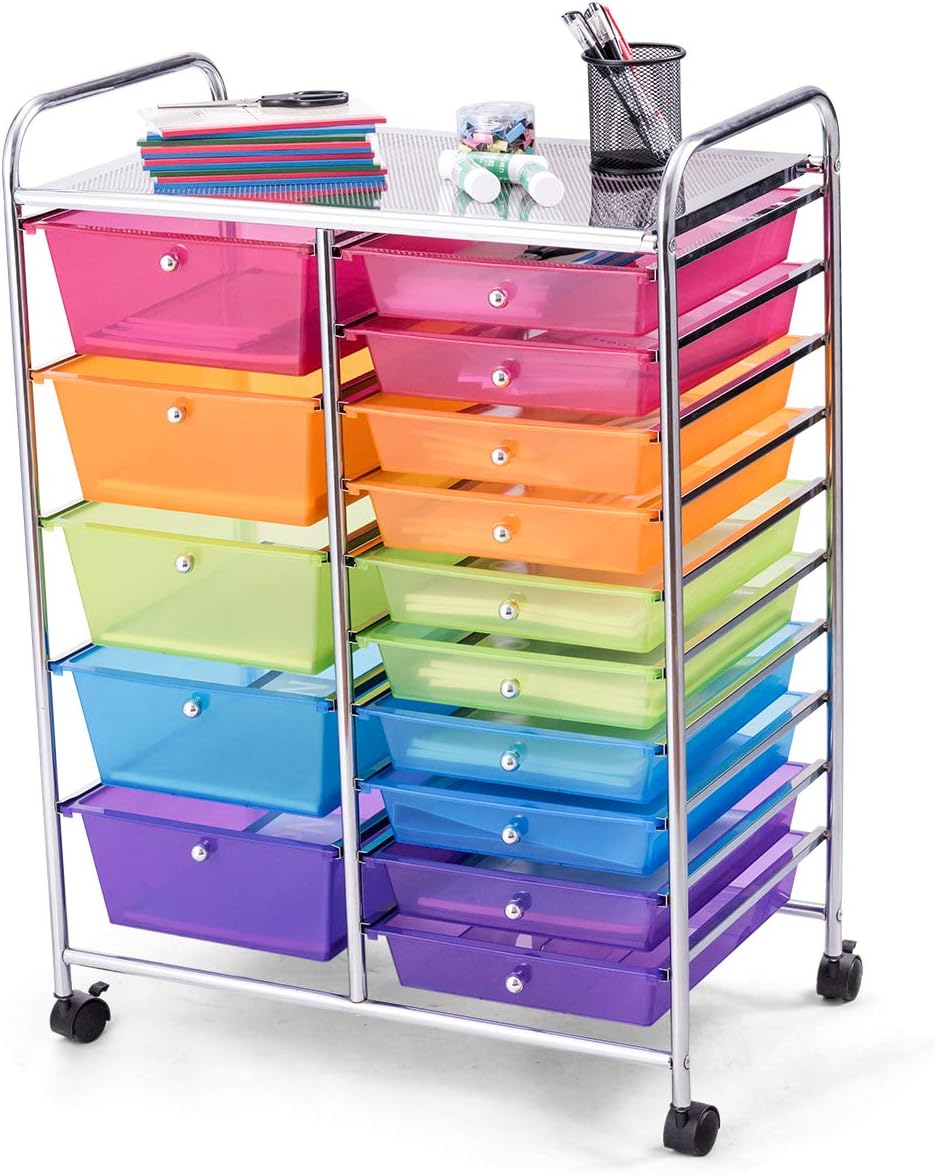 GOFLAME 15-Drawer Rolling Storage Cart, Multipurpose Movable Organizer Cart, Utility Cart for Home