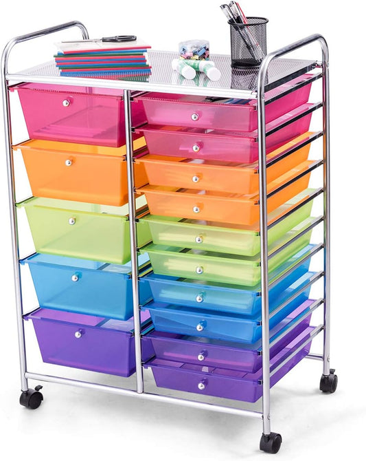 GOFLAME 15-Drawer Rolling Storage Cart, Multipurpose Movable Organizer Cart, Utility Cart for Home