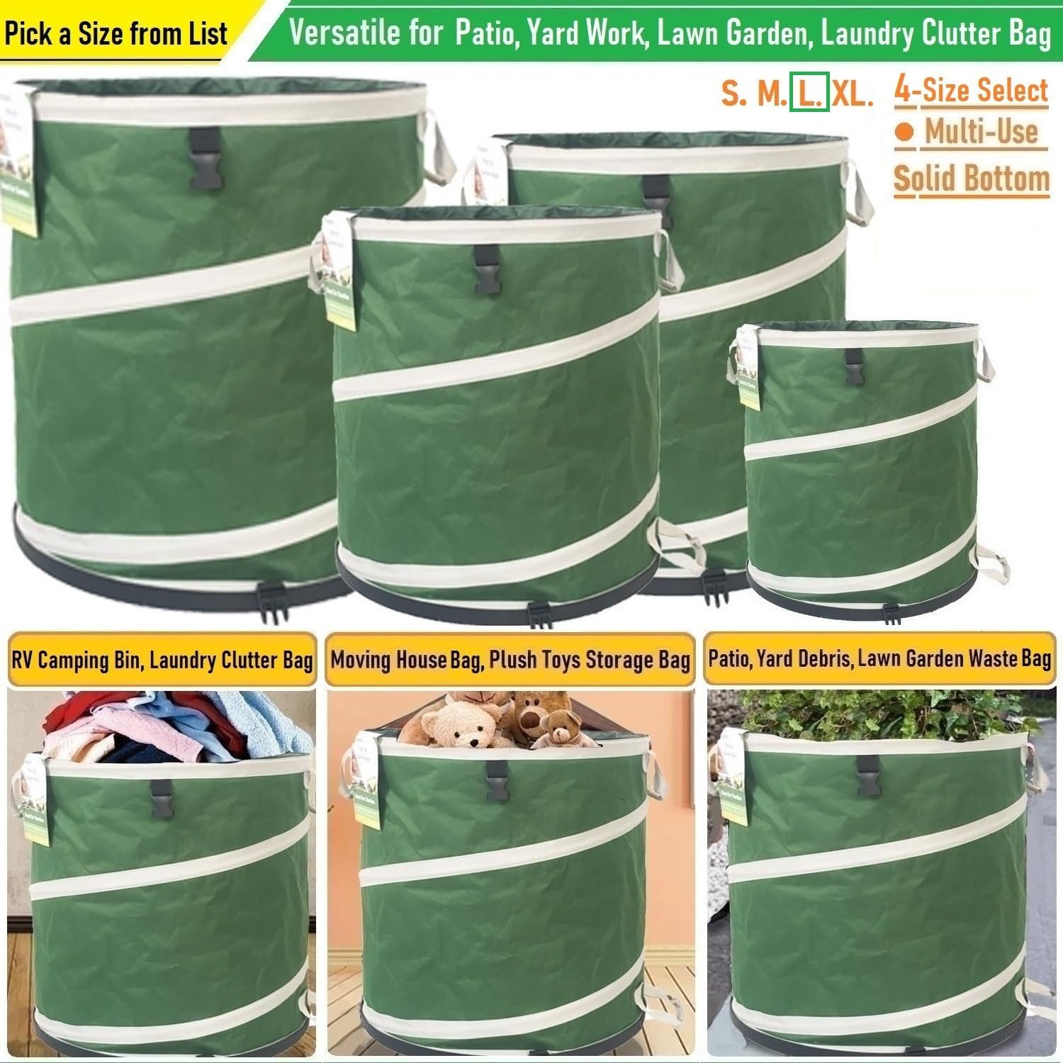 32-Gallon Collapsible Trash Can (19x25 in) Hard-Shell Bottom Yard Garden Bag for Pop-Up Recycling