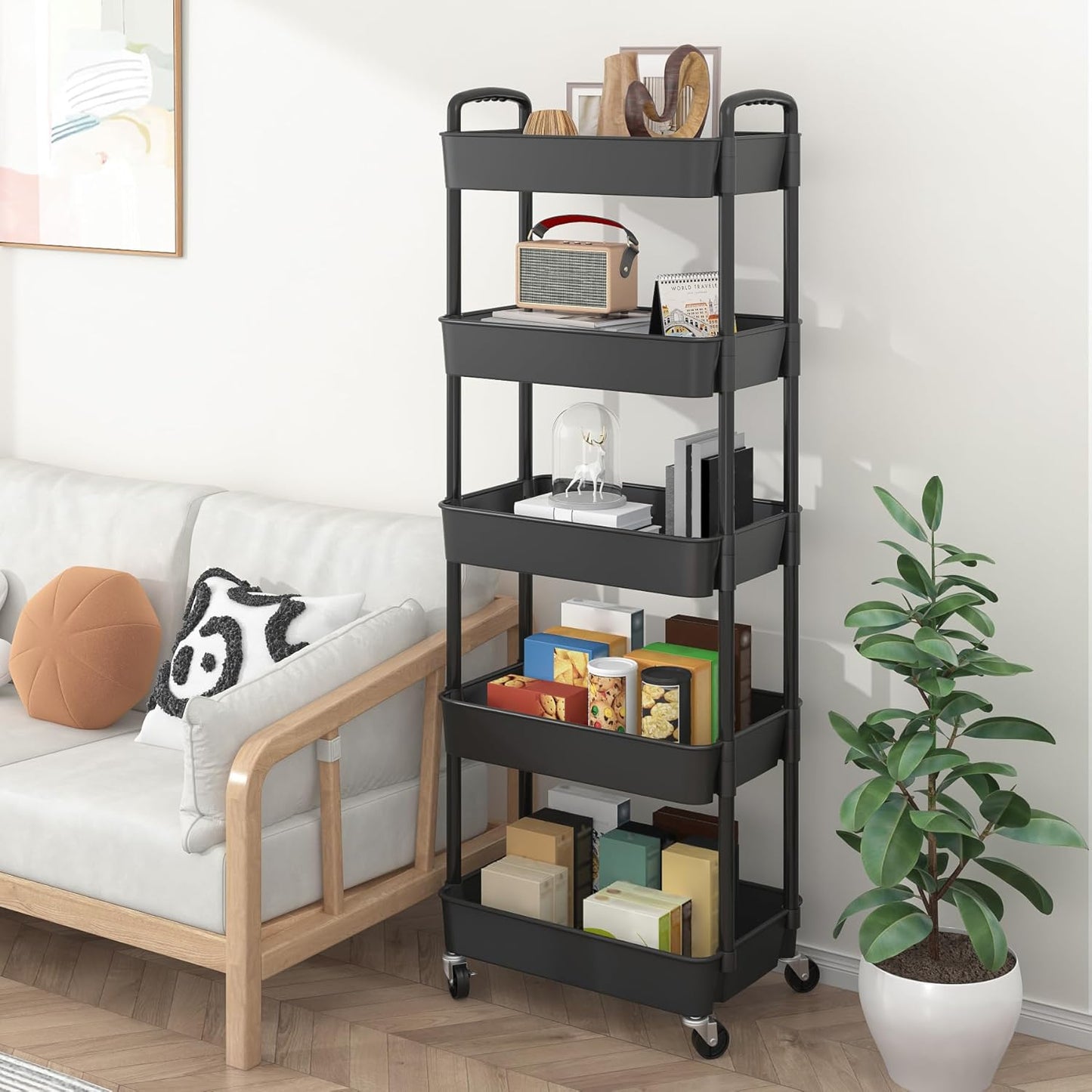 Sywhitta 5-Tier Plastic Rolling Utility Cart with Handle, Multi-Functional Storage Trolley for