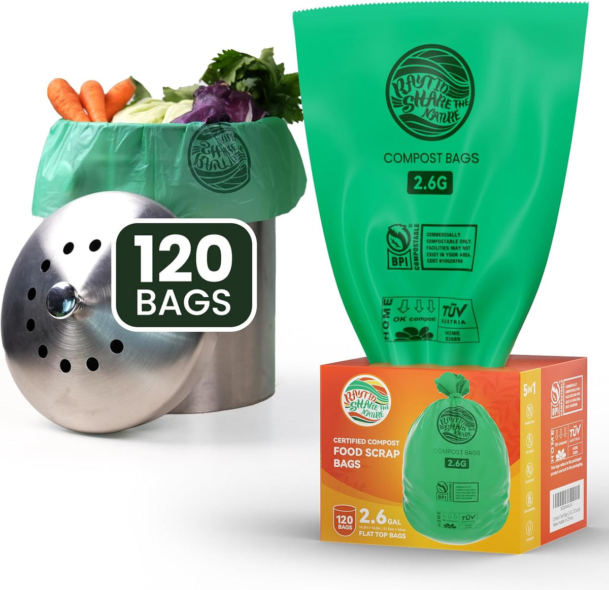 RAYTID Compostable trash Bags 2.6 Gallon Compost Bags for Kitchen Countertop Bin 1.3,2,3, Gallon