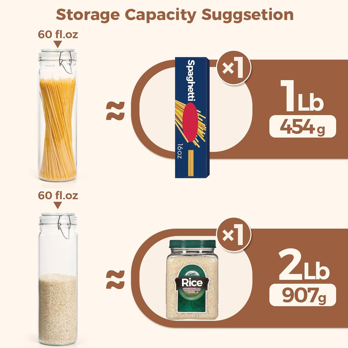 ComSaf 60oz Airtight Glass Jars Set of 3 with Lids Food Storage Jar Round - Tall Spaghetti