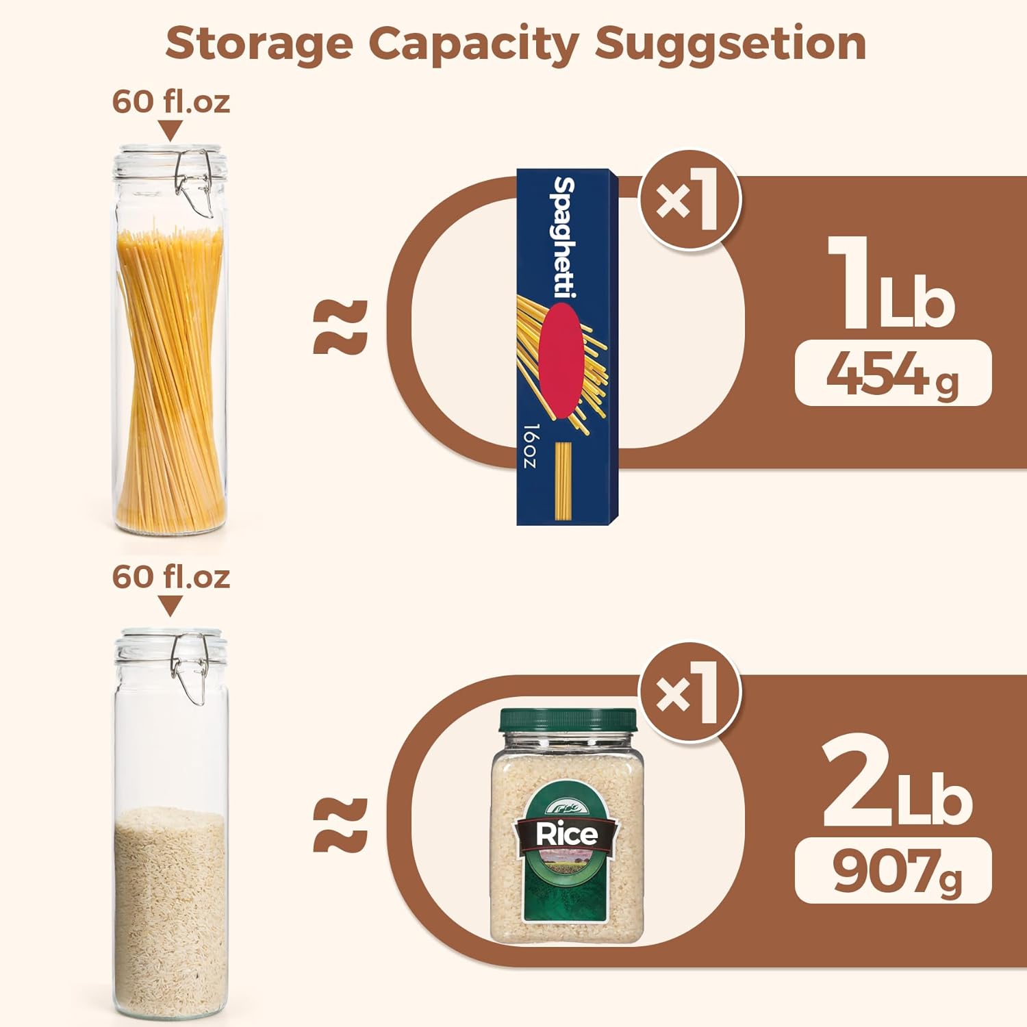 ComSaf 60oz Airtight Glass Jars Set of 3 with Lids Food Storage Jar Round - Tall Spaghetti