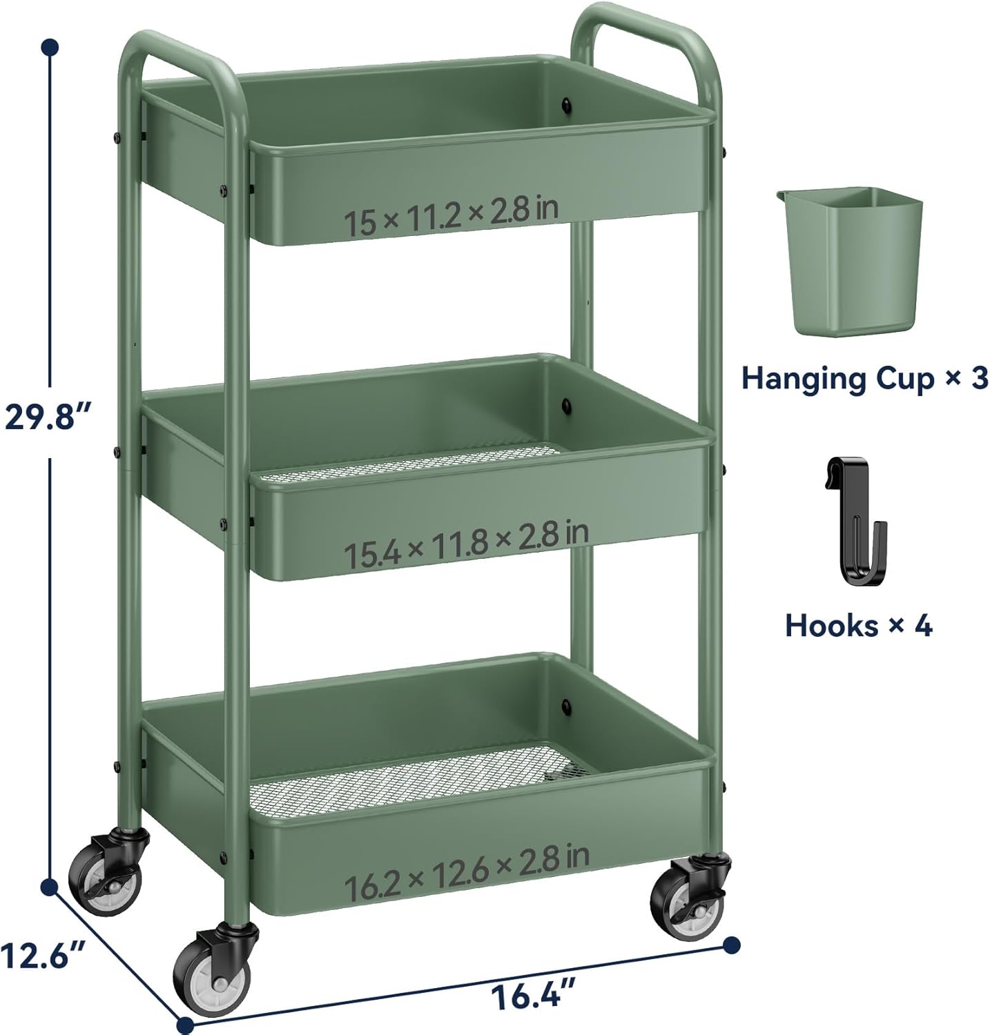 YASONIC 3-Tier Rolling Cart, Green, 66 Pounds Capacity, Mesh Storage Organizer with Lockable