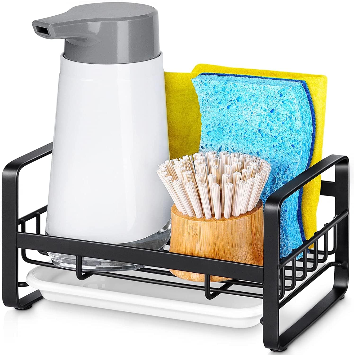 HULISEN Kitchen Sink Sponge Holder, 304 Stainless Steel Kitchen Soap Dispenser Caddy Organizer