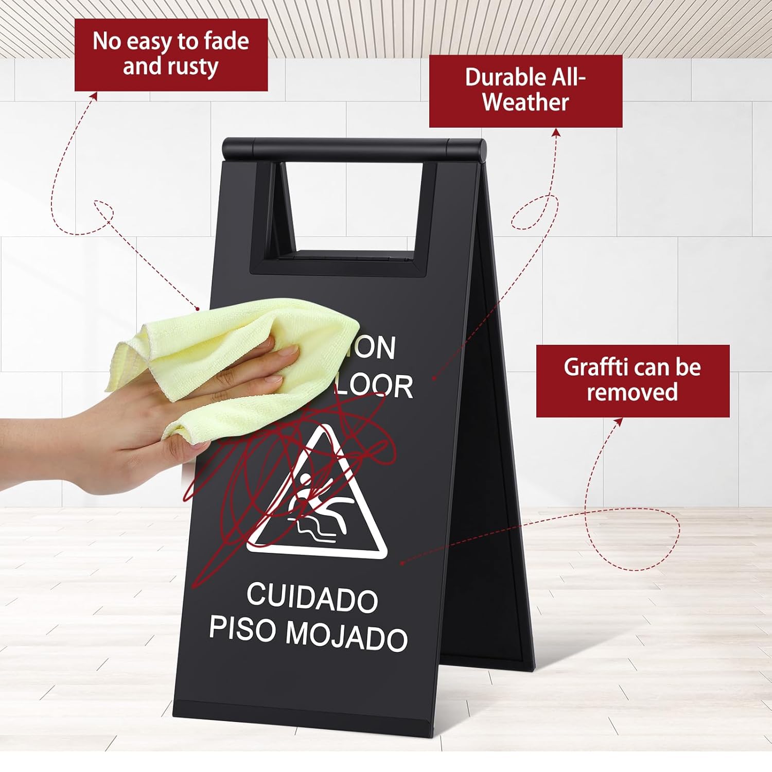 Kigley 2 Pcs Wet Floor Sign, 17 Inch Stainless Steel Caution Wet Floor Sign Double Sided Portable