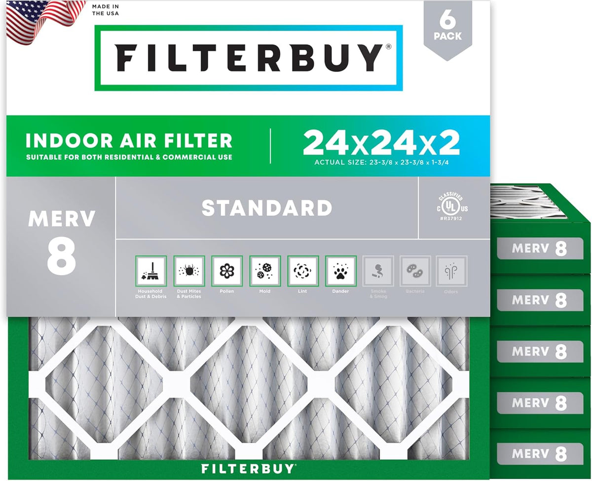 Filterbuy 24x24x2 Air Filter MERV 8 (MPR 700) Dust Defense Replacement (6-Pack), Electrostatic