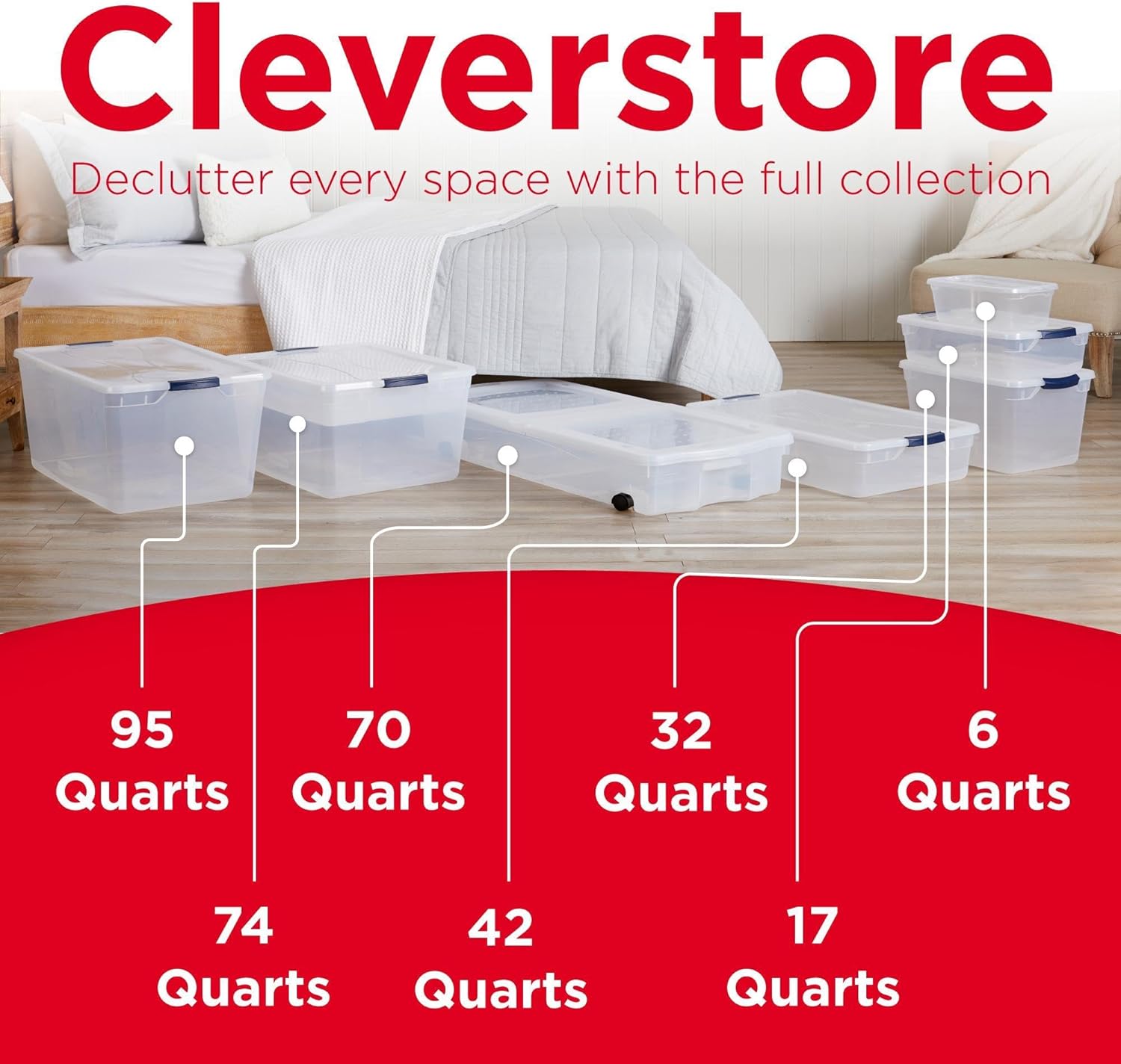 Rubbermaid Cleverstore Clear 32 Qt, 6 Pack Stackable Plastic Storage Bins with Lids, Great for