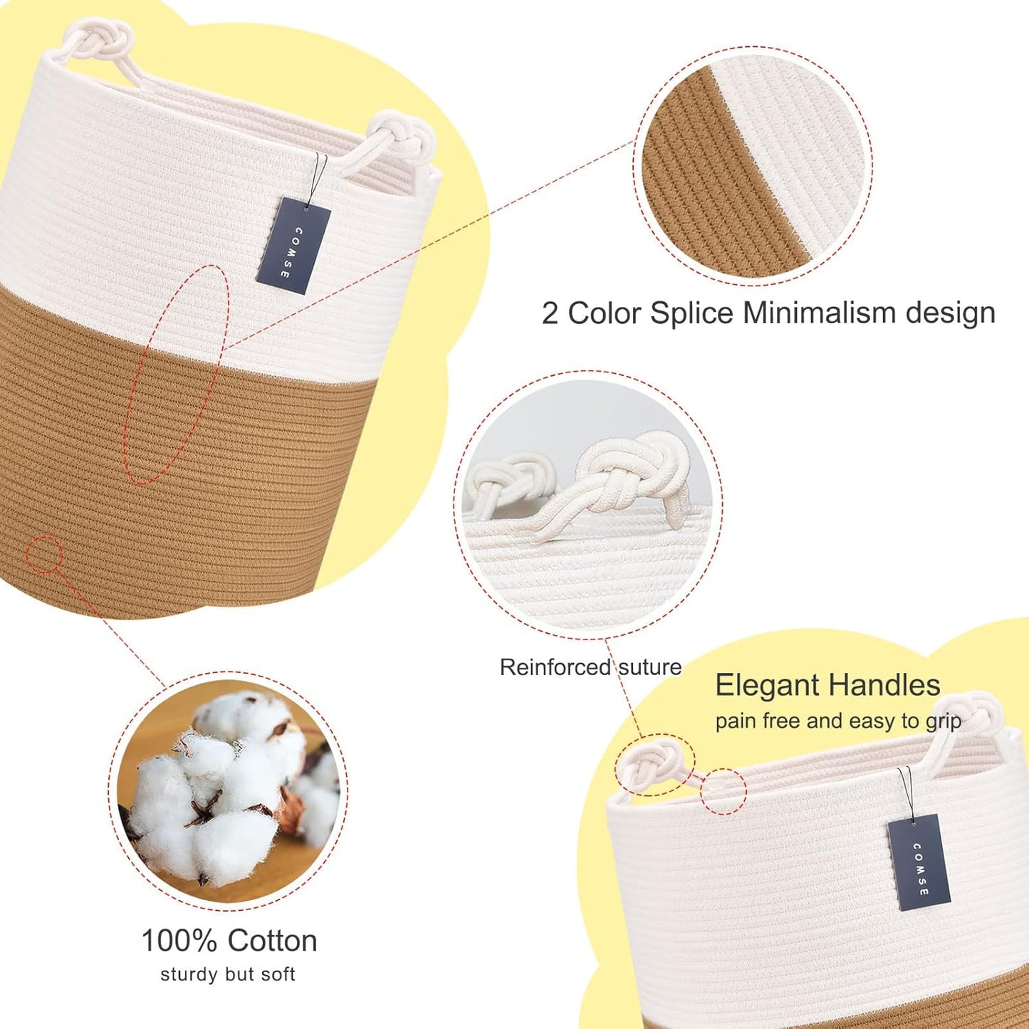 COMSE Extra Large Blanket Basket, Tall Woven Storage Basket, Nursery Hamper, 15.7”x 21.7”, Cotton