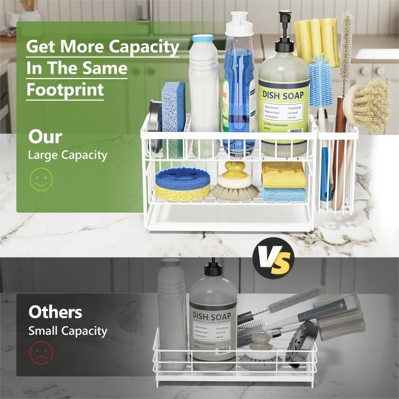 Cisily White 2-Tier Kitchen Sink Caddy Organzier Rack with Flexible Dish Brush Holder, Sponge