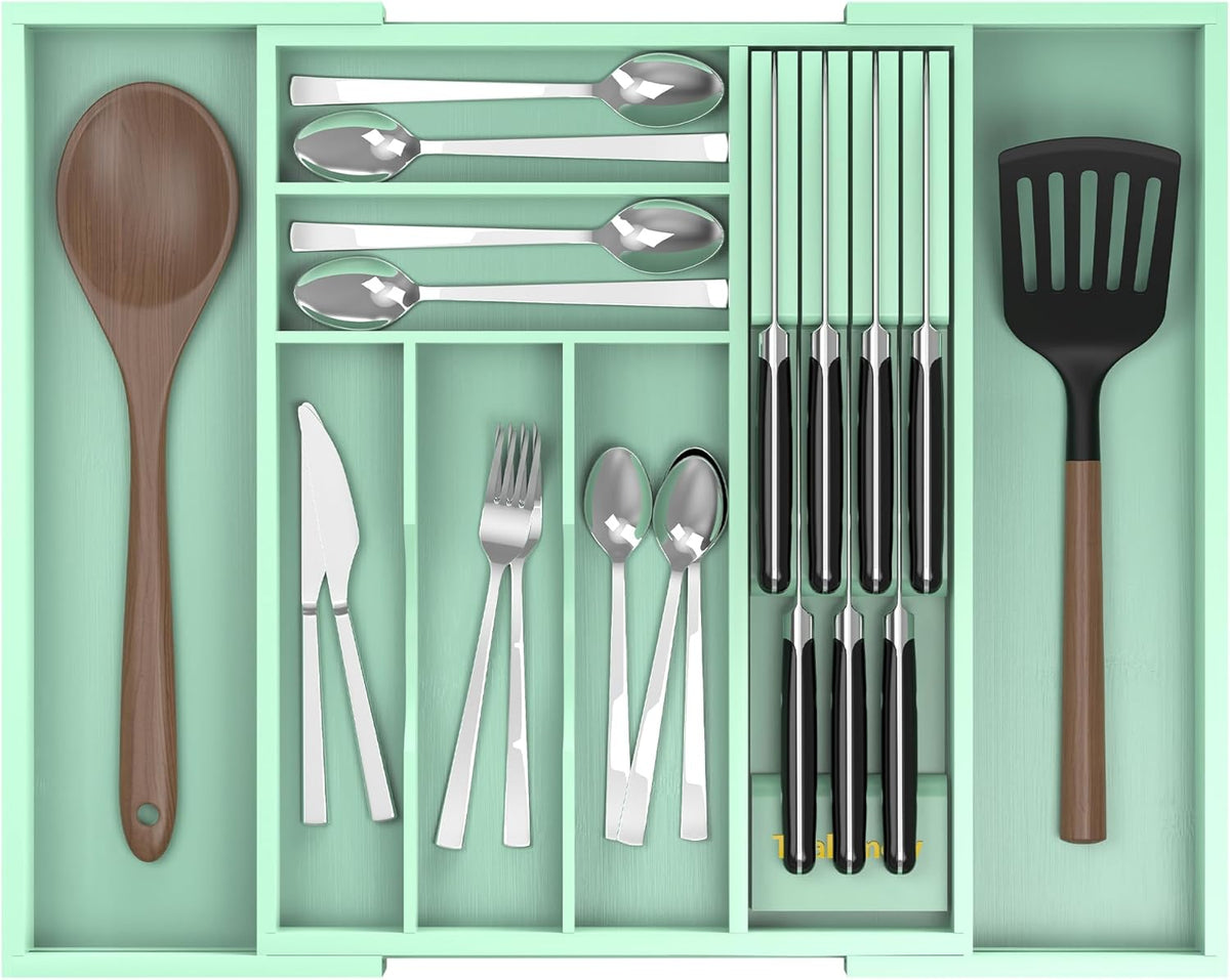 Bamboo Kitchen Drawer Organizer, Expandable Utensil Organizer with Removable Knife Block, Cutlery