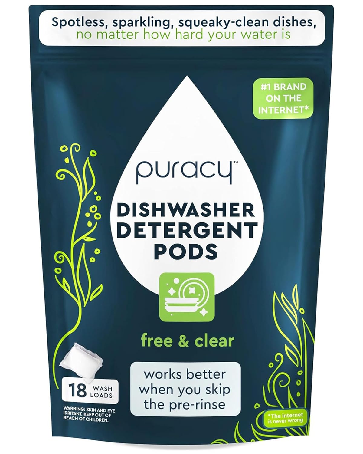 Puracy Dishwasher Pods, Natural Dishwasher Detergent, Free & Clear Dish tabs - Enzyme-Powered, Spot