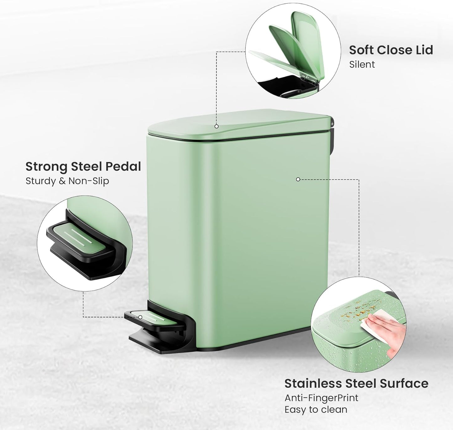 Cesun Small Bathroom Trash Can with Lid Soft Close, Step Pedal, 6 Liter / 1.6 Gallon Stainless