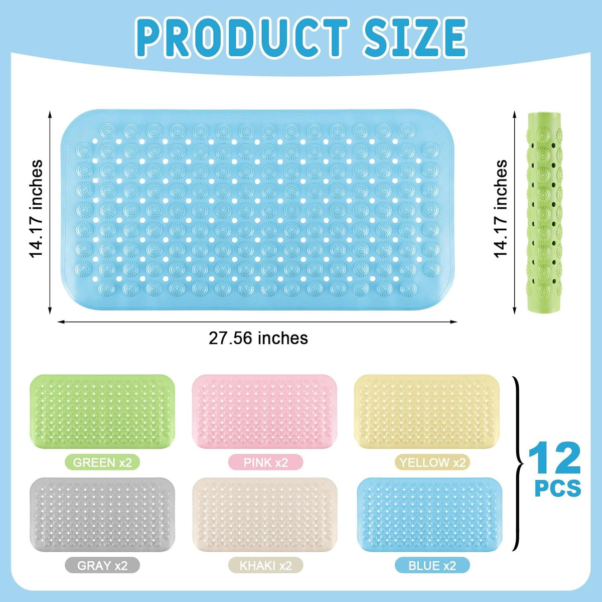 Dunzy 12 Pcs Non Slip Bath Mats 27.6x14.2 Inches TPE Bathtub Mats with Suction Cups Drain Holes