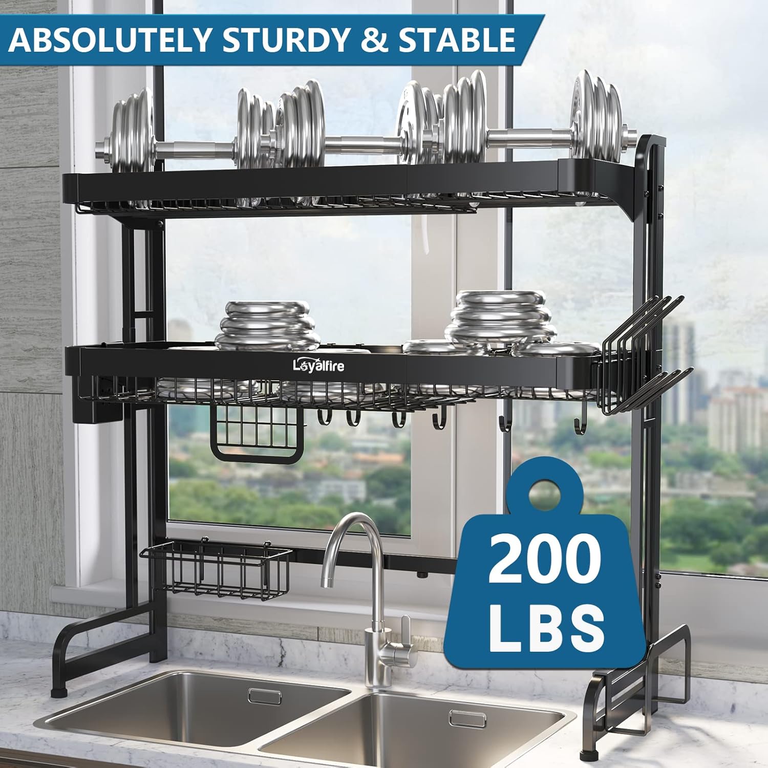 Over Sink Dish Drying Rack, 3 Tier Adjustable Length (20.87'' to 37.6'') Full Stainless Steel Large