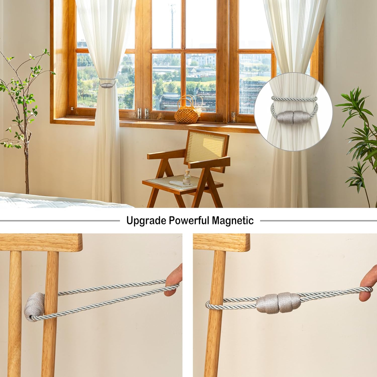 Magnetic Curtain Tiebacks - Rope Tiebacks for Curtains & Drapes, Decorative Window Holdbacks, Grey