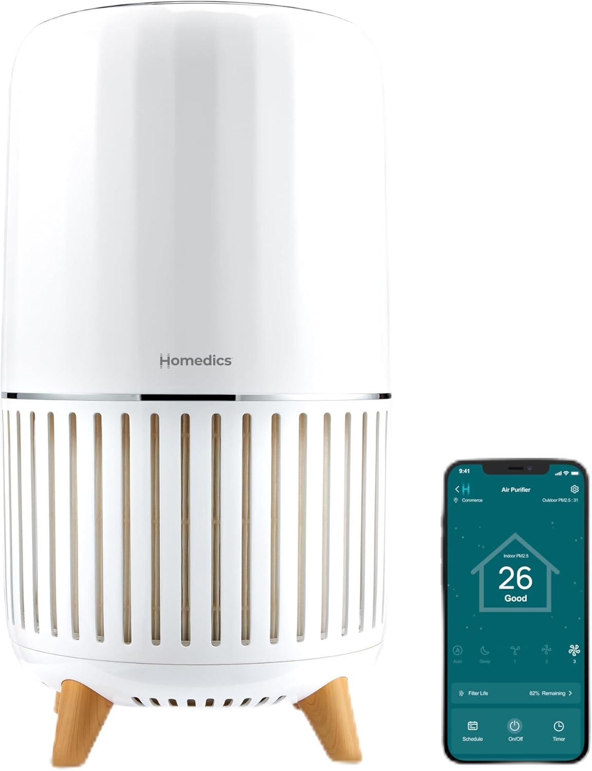 Homedics Smart Air Purifier 4-in-1 Tower for Large Rooms, Up To 1570 sq ft, True HEPA Filtration
