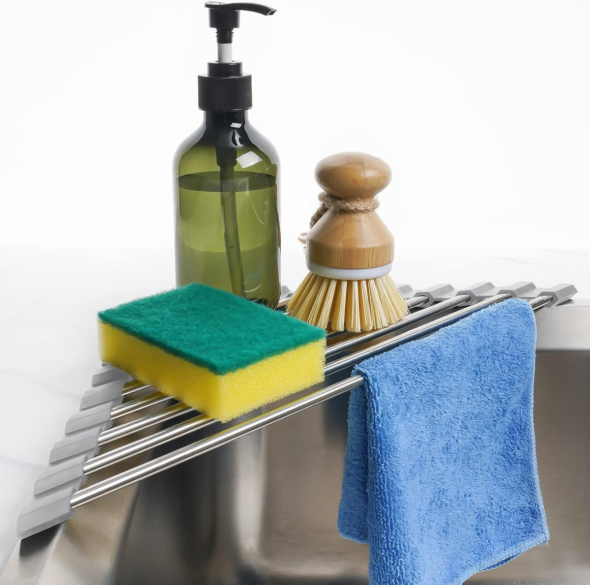 Tomorotec Triangle Roll-Up Dish Drying Rack for Sink Corner Small Foldable Stainless Steel Over The