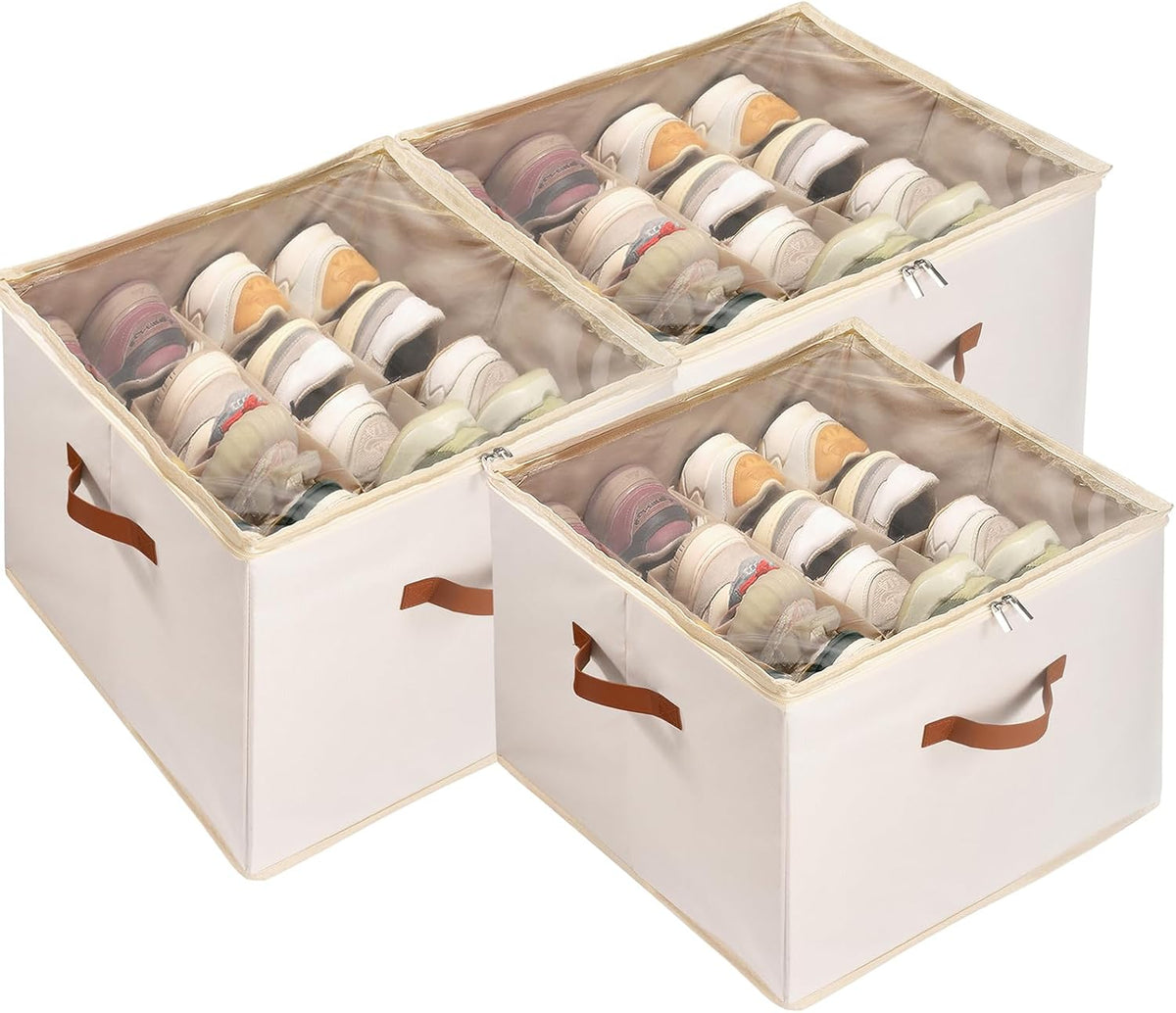 Shoe Organizer for Closet, 3 Pack Shoe Storage Bins with Clear Cover, Adjustable Dividers Fits