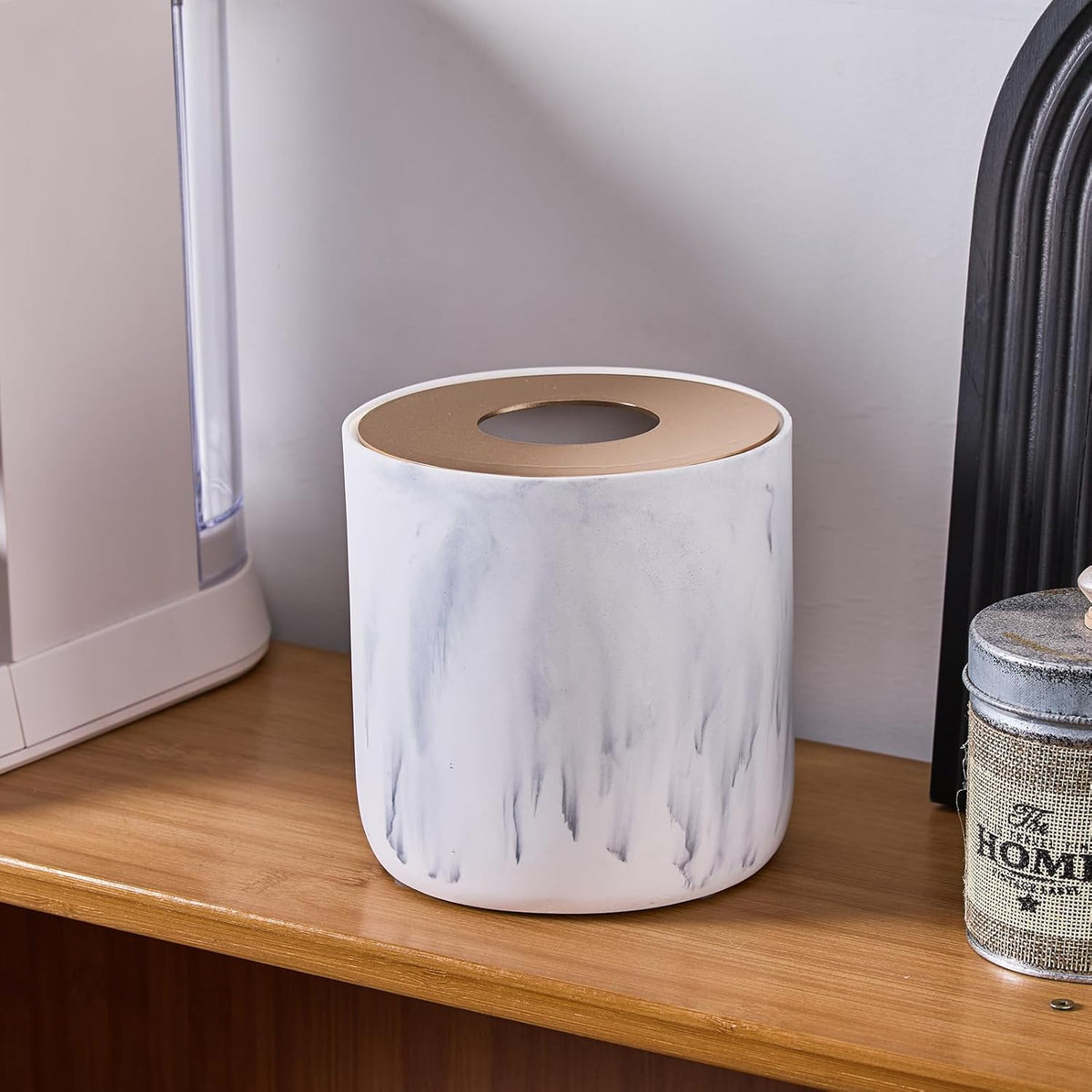 White Marble Textural Mini Trash Can with Rose Gold Stainless Steel Lid, Small Countertop Trash Can