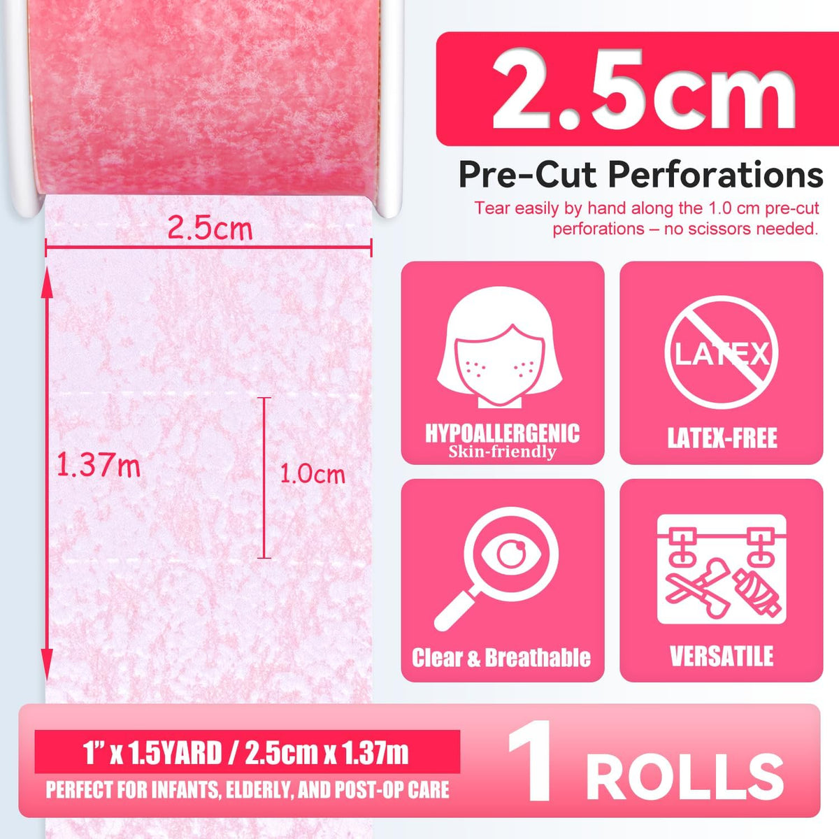FRESINIDER Silicone Tape 1" x 1.5 Yard Pink 4 Rolls for Sensitive Skin, Pre-Cut Waterproof Medical