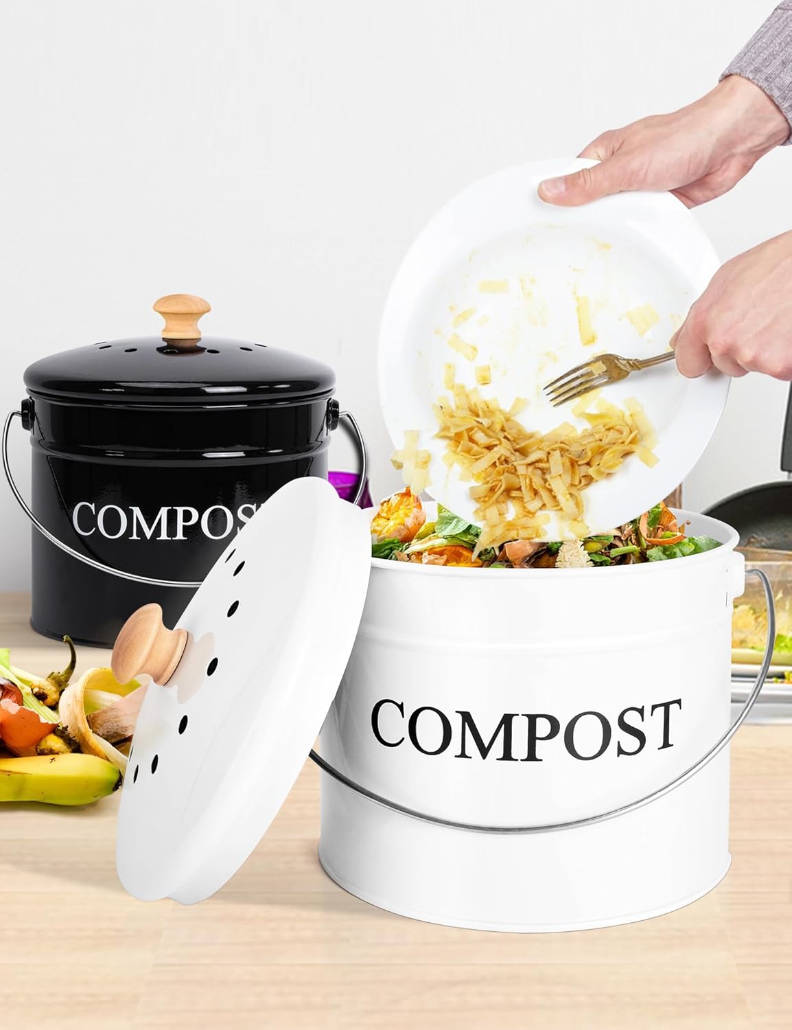 Compost Bin - 1 Gallon Countertop Composter with Lid, Charcoal Filters, Rust Proof Indoor Food