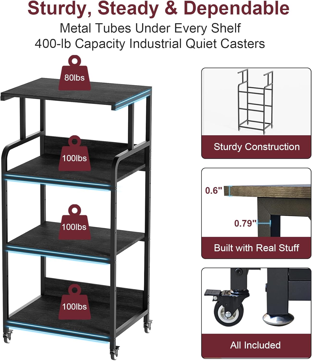 4 Tier Printer Stand with Storage Shelf, Large Tall Printer Table for Home Office, Mobile Printer