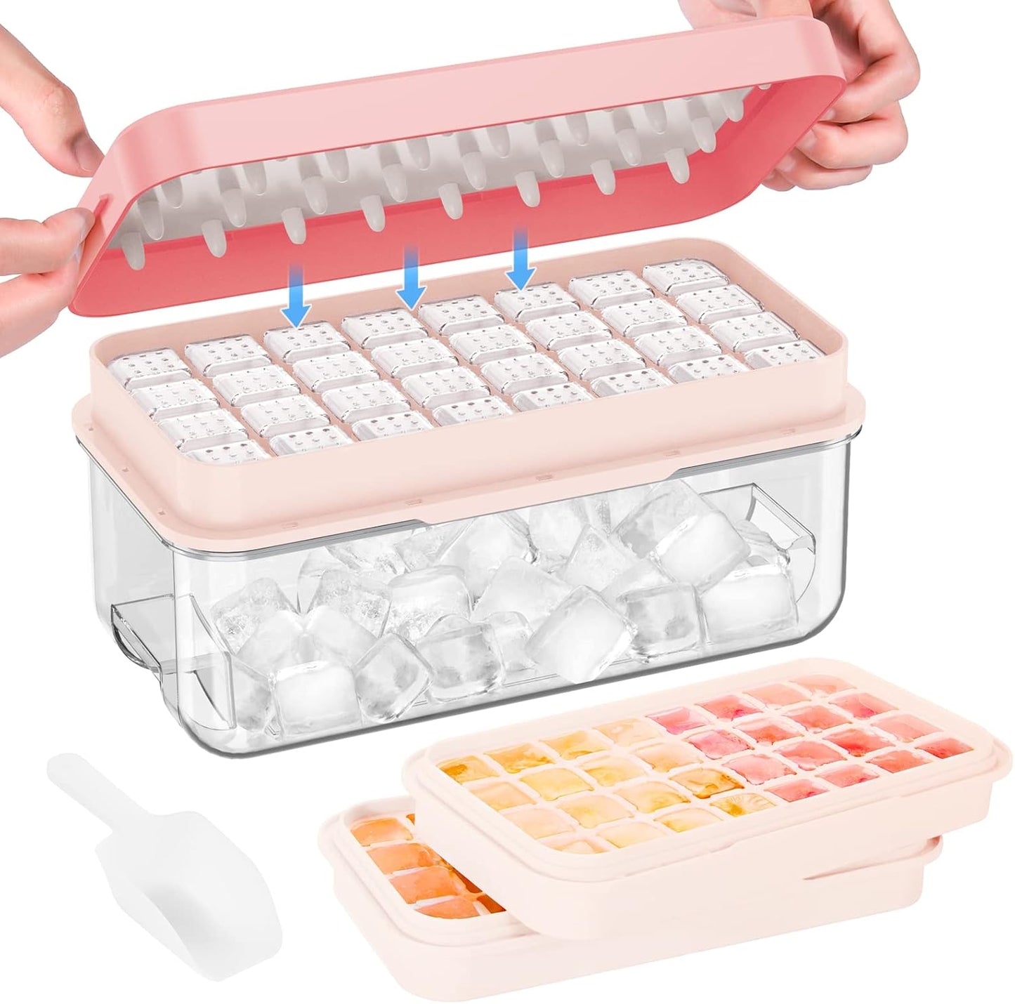 PHINOX Ice Cube Tray with Lid and Bin, Ice Trays for Freezer, Flexible Ice Cube Trays, Making 64