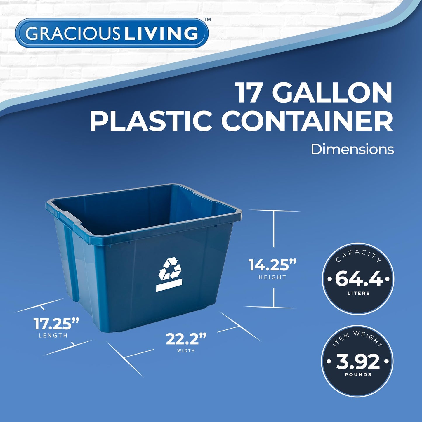 Gracious Living Recycling Bin Container, Plastic Trash Can, 17 Gallon