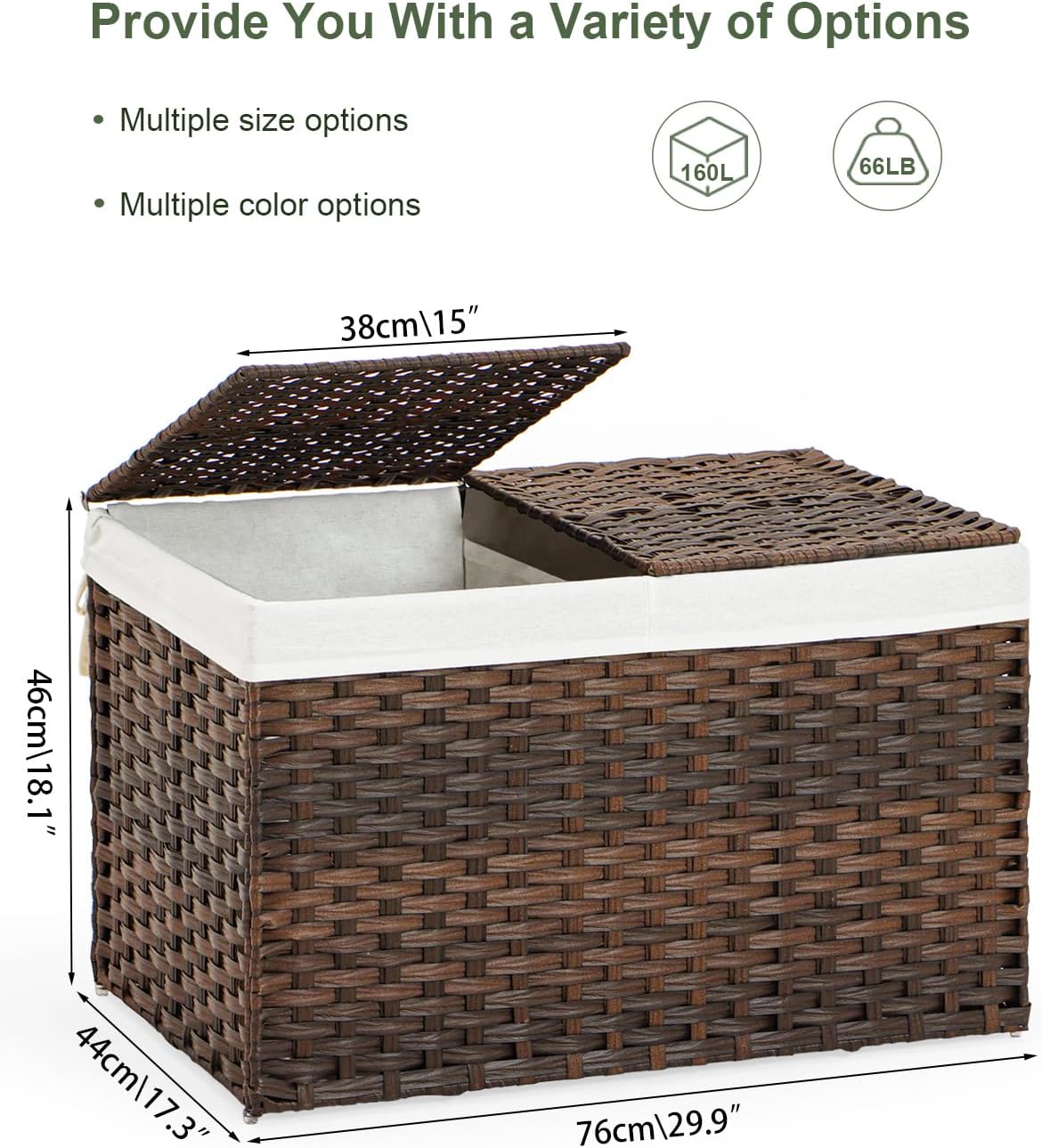 Storage Basket with Lid Wicker Baskets for Storage with 2 Separate Lid 42.3 Gallon (160 L) 29.9 x
