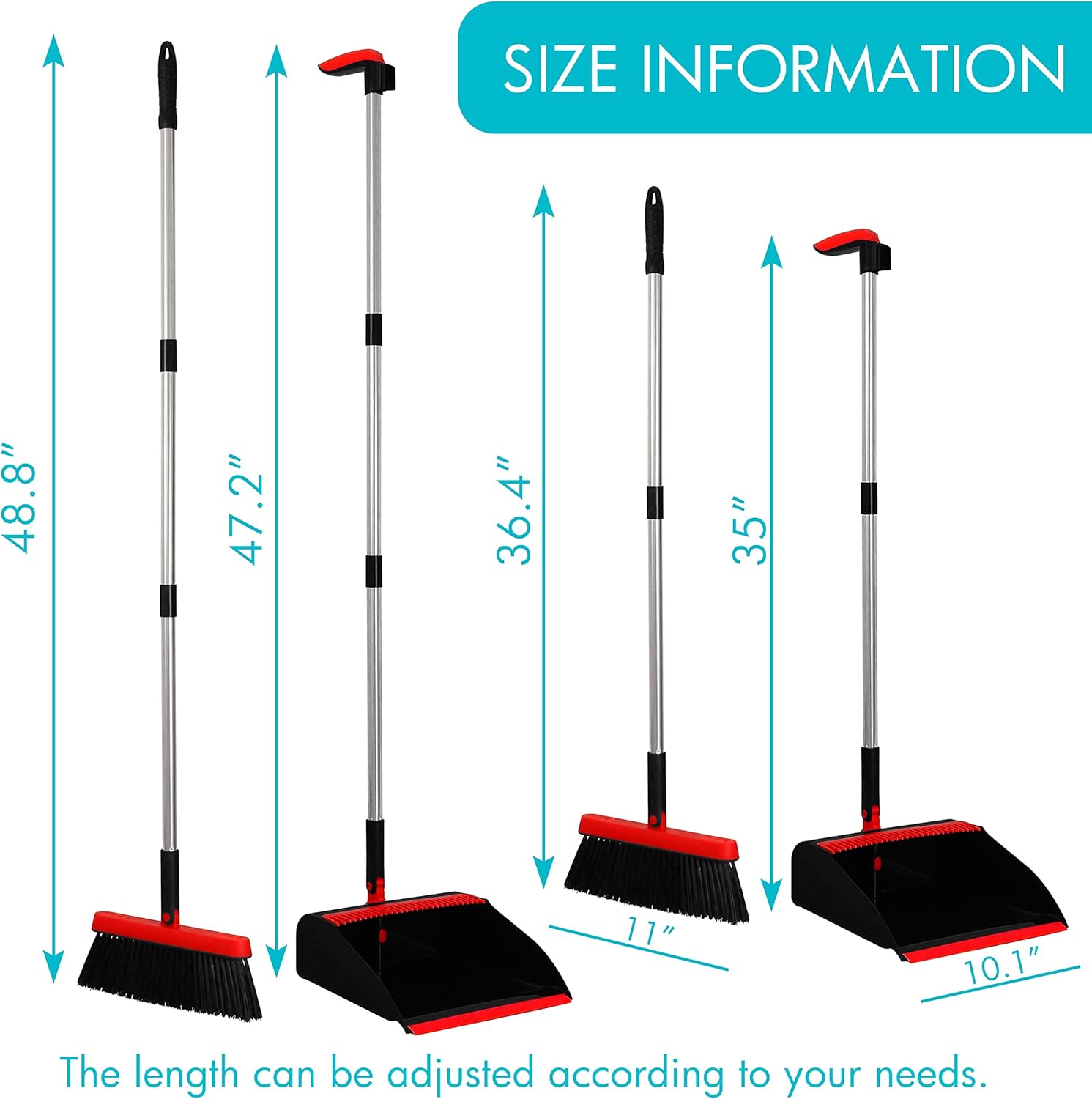 PHYEX 2-Pack Broom and Dustpan Combo Set, with 48" Adjustable Long Stainless Handles, Stand Up