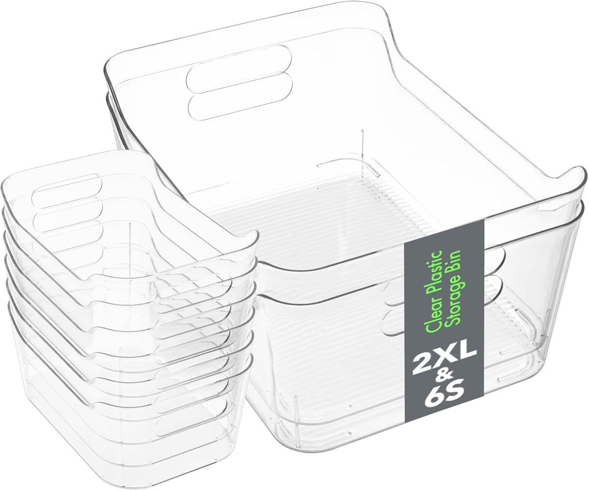 Tiawudi Set of 8 Clear Plastic Storage Bins, 2 Extra Large and 6 Small Storage Containers for
