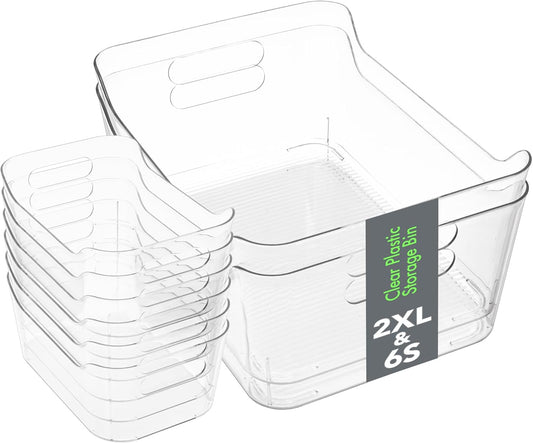 Tiawudi Set of 8 Clear Plastic Storage Bins, 2 Extra Large and 6 Small Storage Containers for