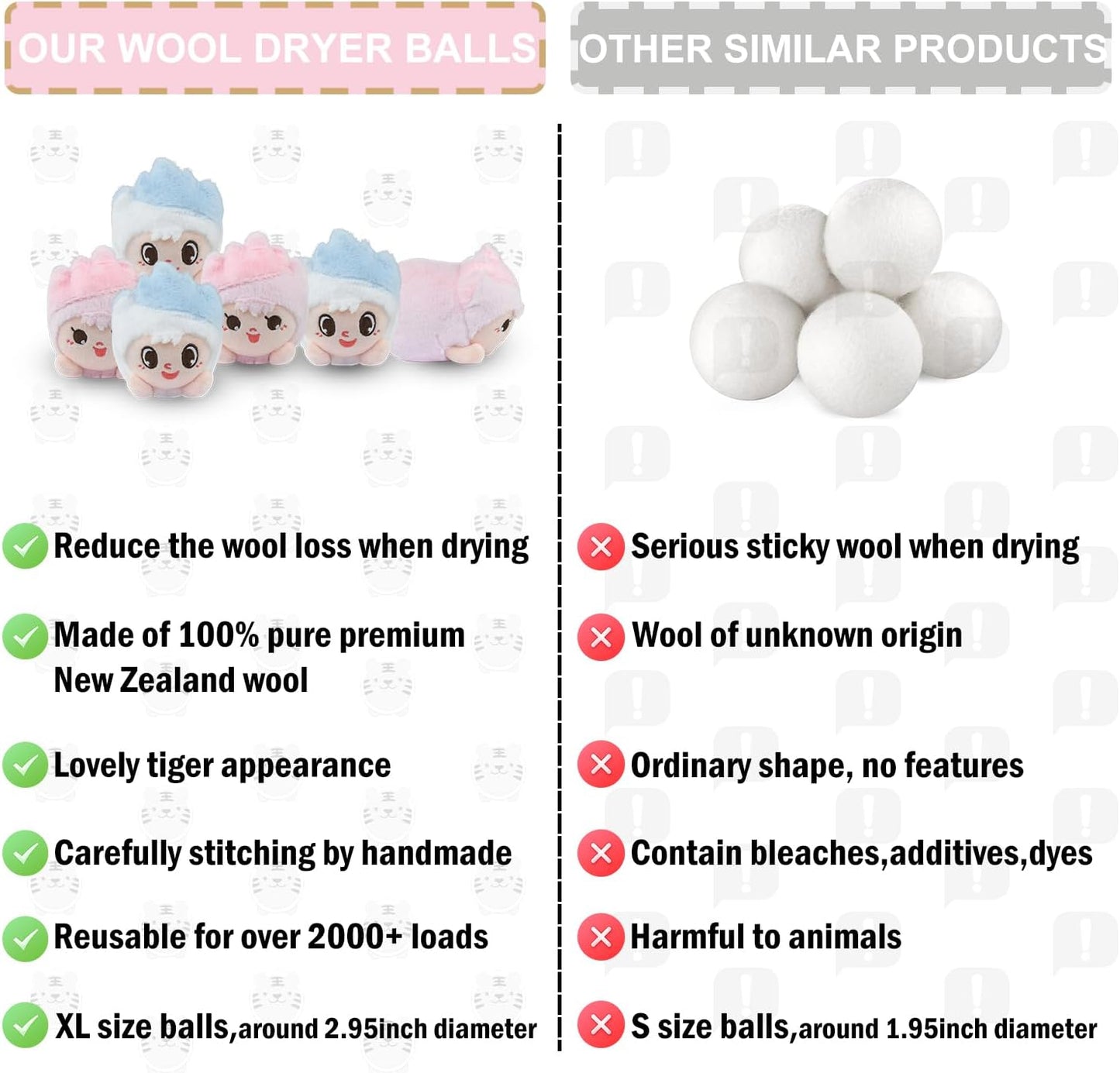 XL Organic Premium Reusable Wool Dryer Balls 6 Pack-100% New Zealand Wool,Reusable for 2000+