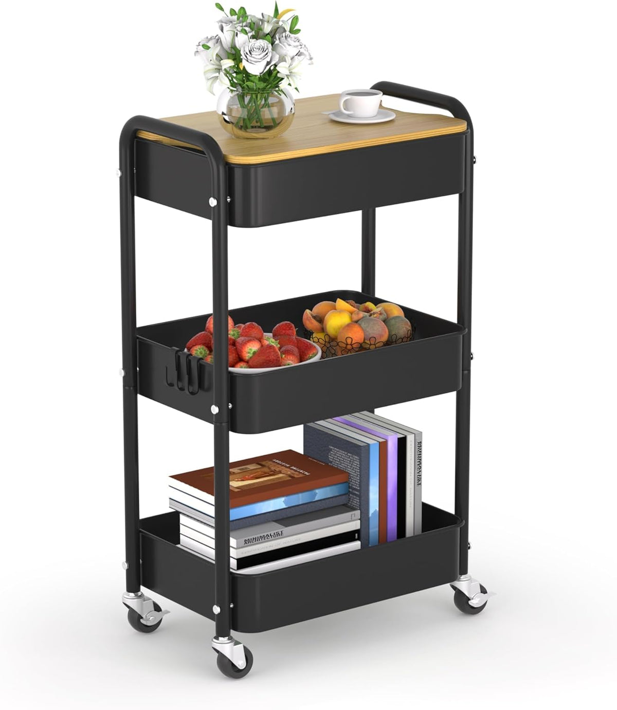 3 Tier Metal Utility Cart, Rolling Storage Cart with Wooden Tabletop, Metal Organizer Cart with