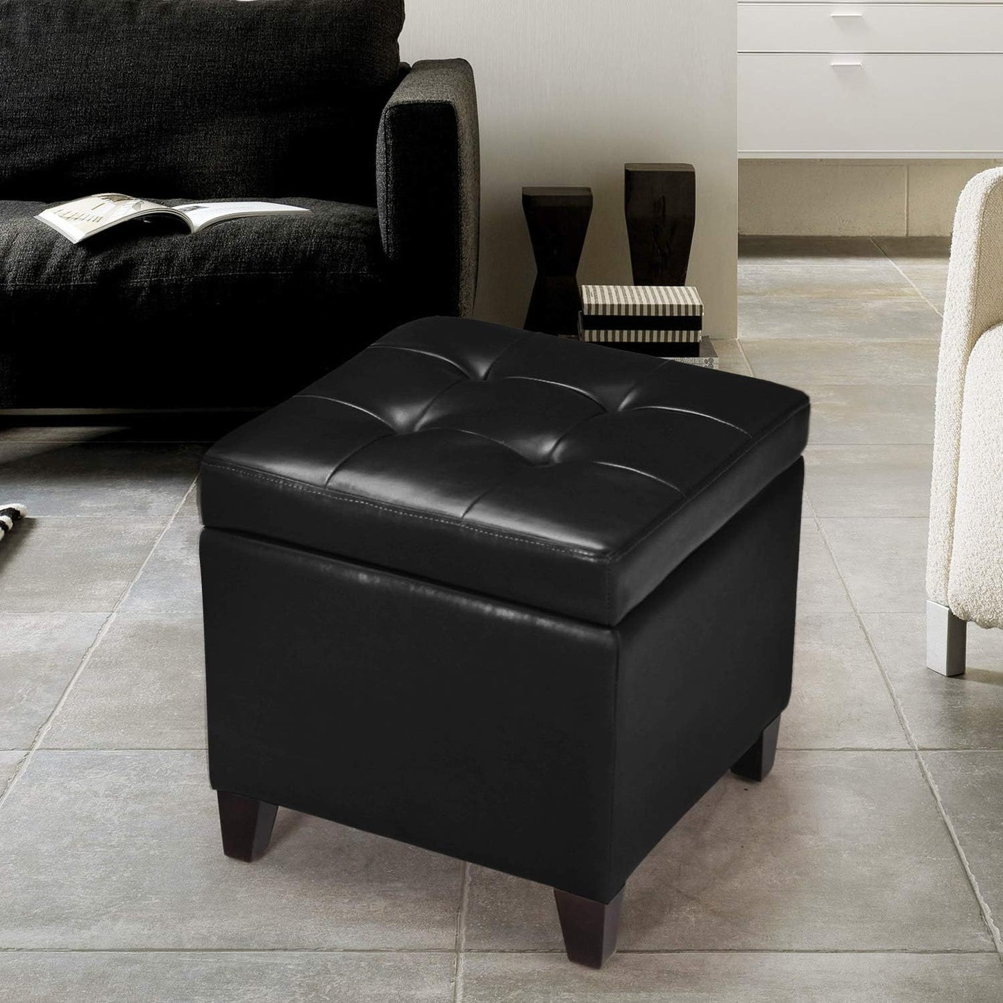 Adeco Storage Ottoman Foot Rest Stool, Leather Ottoman Footstool with Wood Legs and Hinged Lid, 18"