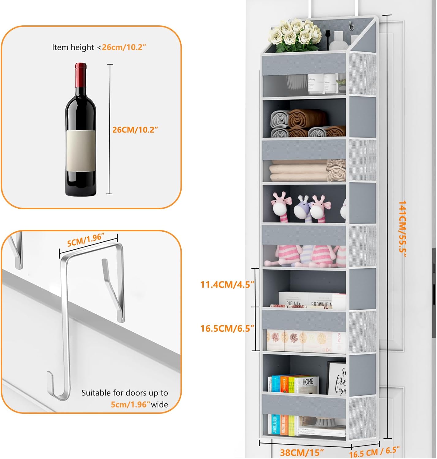 Over The Door Organizer - Over Door Storage Organizer with 5 Large Pockets & 10 Mesh Side