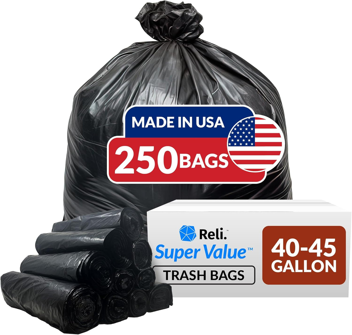 Reli. 40 to 45 Gallon Trash Bags Heavy Duty | 250 Trash Bags | Super Sizeable, Black, Garbage for