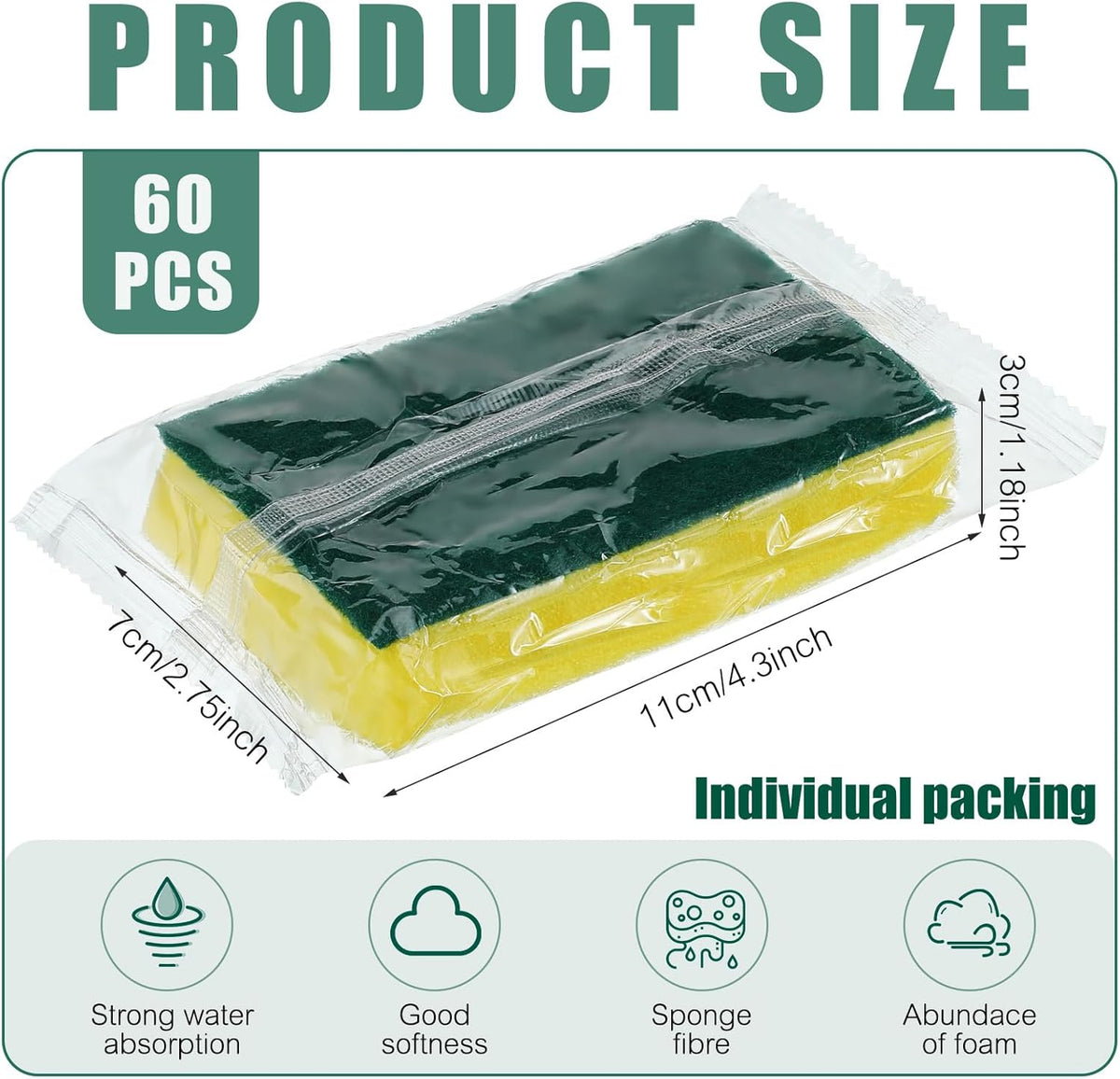 Tanlade 60 Pcs Individually Wrapped Sponge Dishwashing Sponge Bulk Non Scratch Scrub Sponges