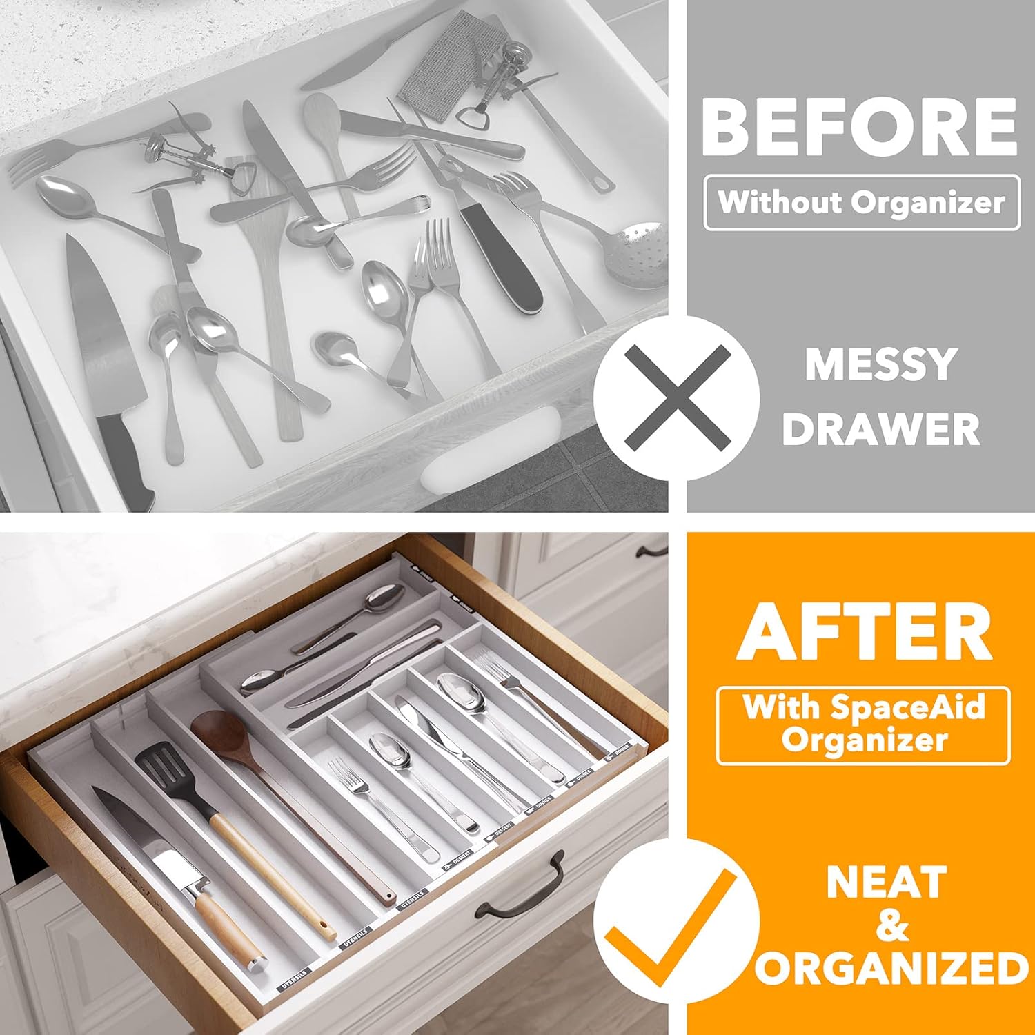 SpaceAid Bamboo Silverware Drawer Organizer with Labels, Kitchen Utensil Expandable Tray Holder