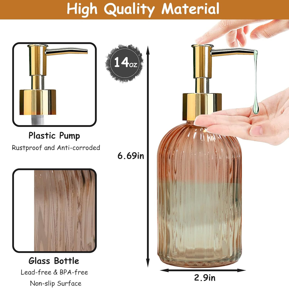 Glass Soap Dispenser with Gold Plastic Pump, 13.5oz Refillable Liquid Hand Soap Dispenser, Crystal