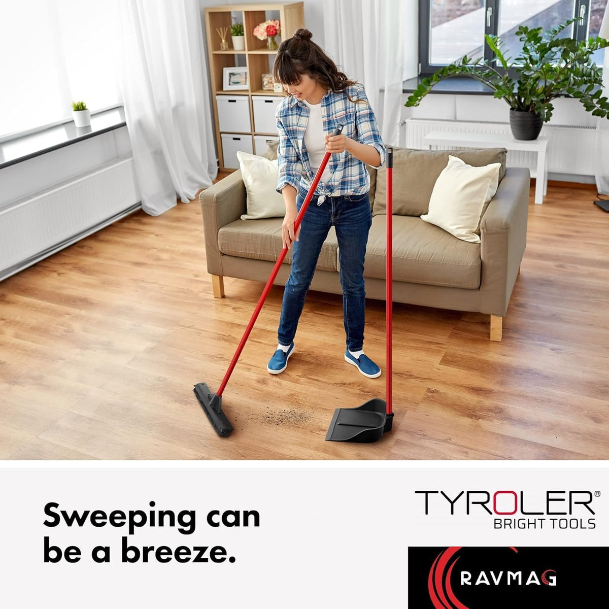 Dustpan with Handle by Ravmag- Solid Natural Rubber Construction- 29” Long Handled Dust Pan- Stand