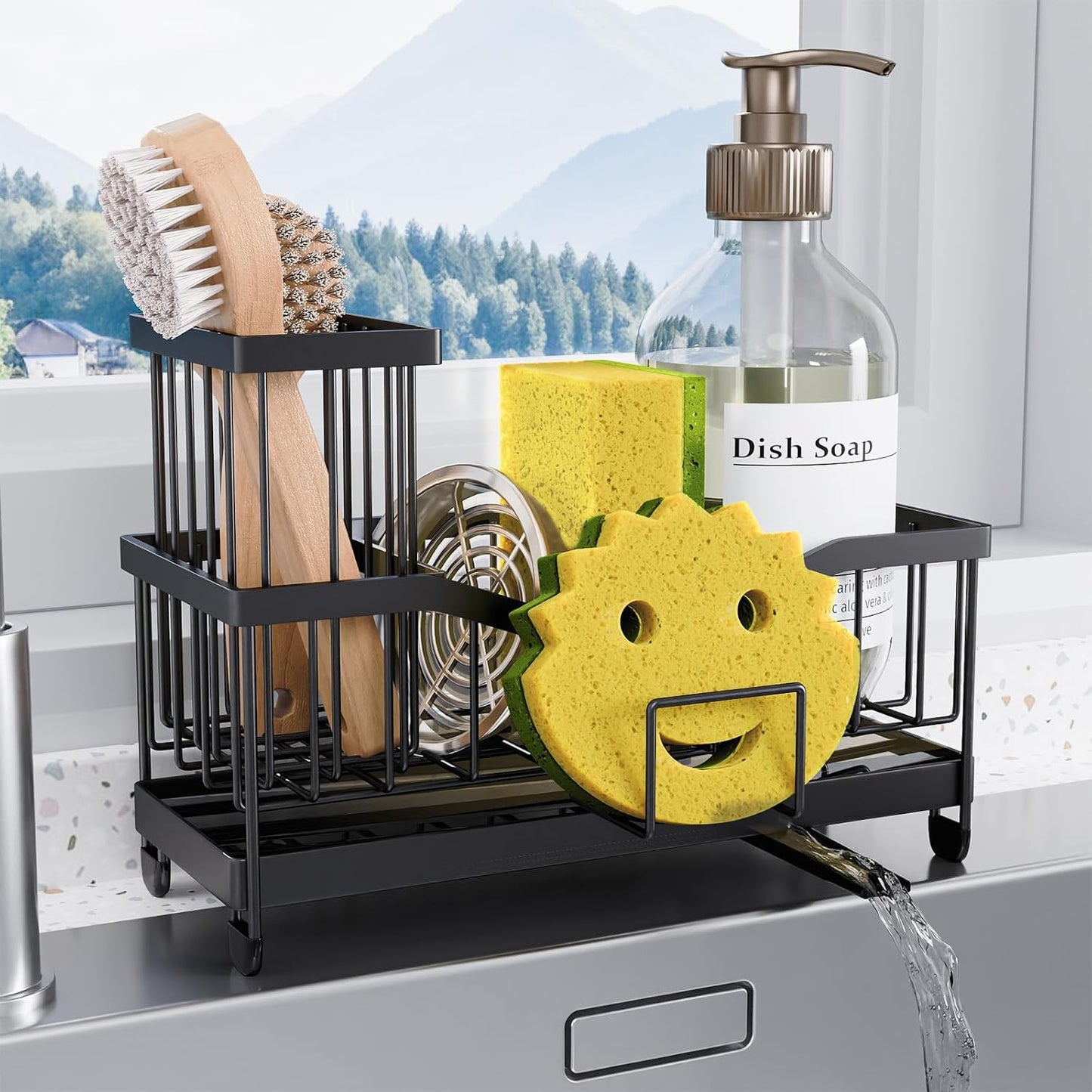 Maifan Kitchen Sink Caddy Organzier Sponge Holder for Kitchen Sink with High Brush Holder