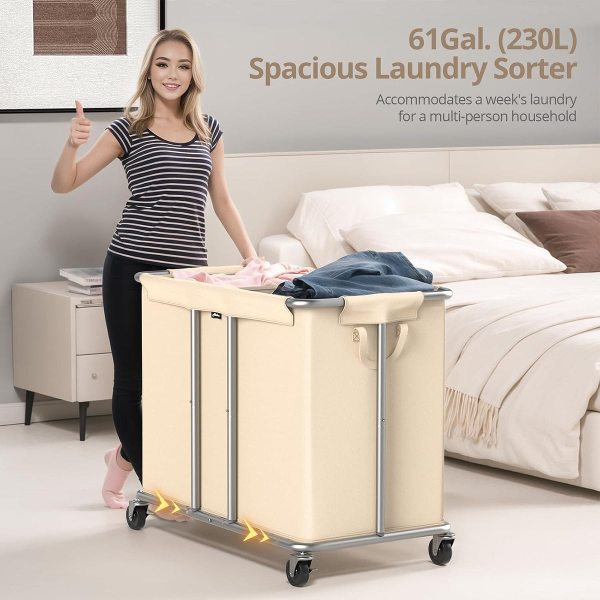 230L Rolling Laundry Hamper, 2-Section Laundry Basket with Wheels, 61 Gallons Laundry Sorter with