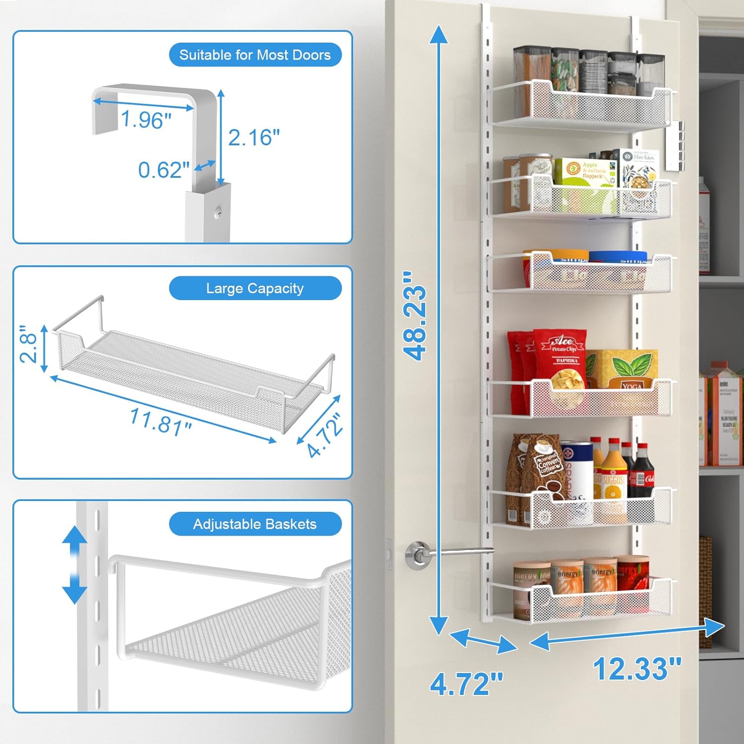 12.3" W Narrow Over the Door Pantry Organizer, 6-Tier Over the Door Organizer with Adjustable