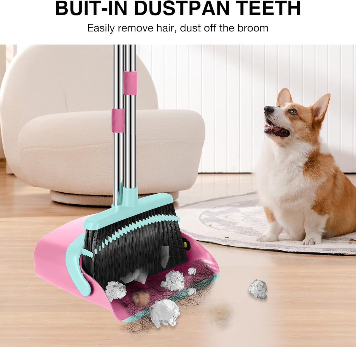 Broom and Dustpan Set, 52-in Long Adjustable Handle Broom Dustpan Combo with Dust pan Teeth to