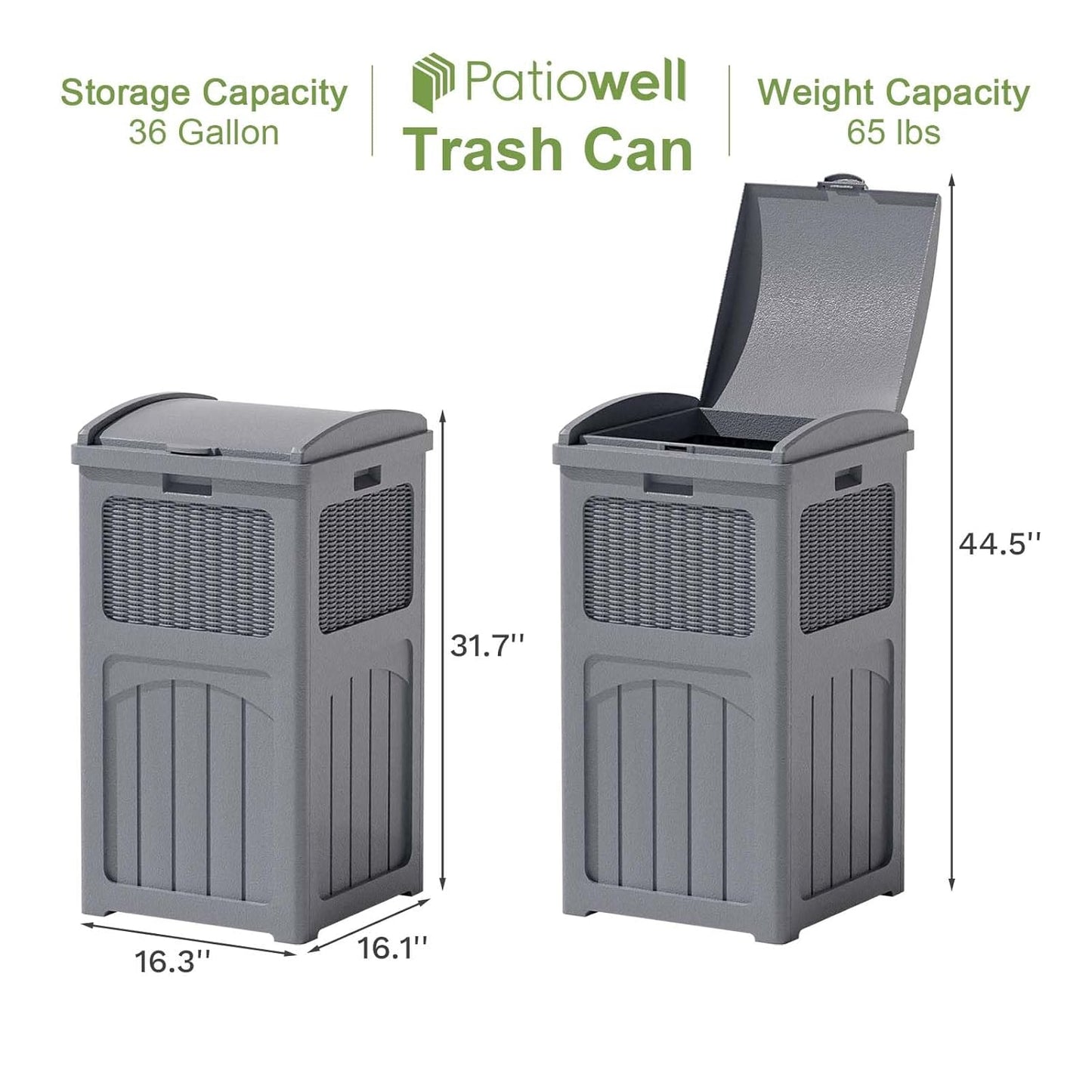 Patiowell 36 Gallon Outdoor Trash Can, Resin Outdoor Garbage Can with Lid for Patio, Backyard